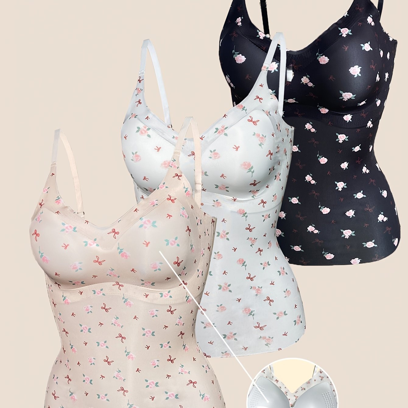 3pcs Set Of Seamless Floral Print Tank Tops For Women, Stretchy And Comfortable With Built-in Pads, Adjustable Straps, Suitable For Layering Or Wearing Alone