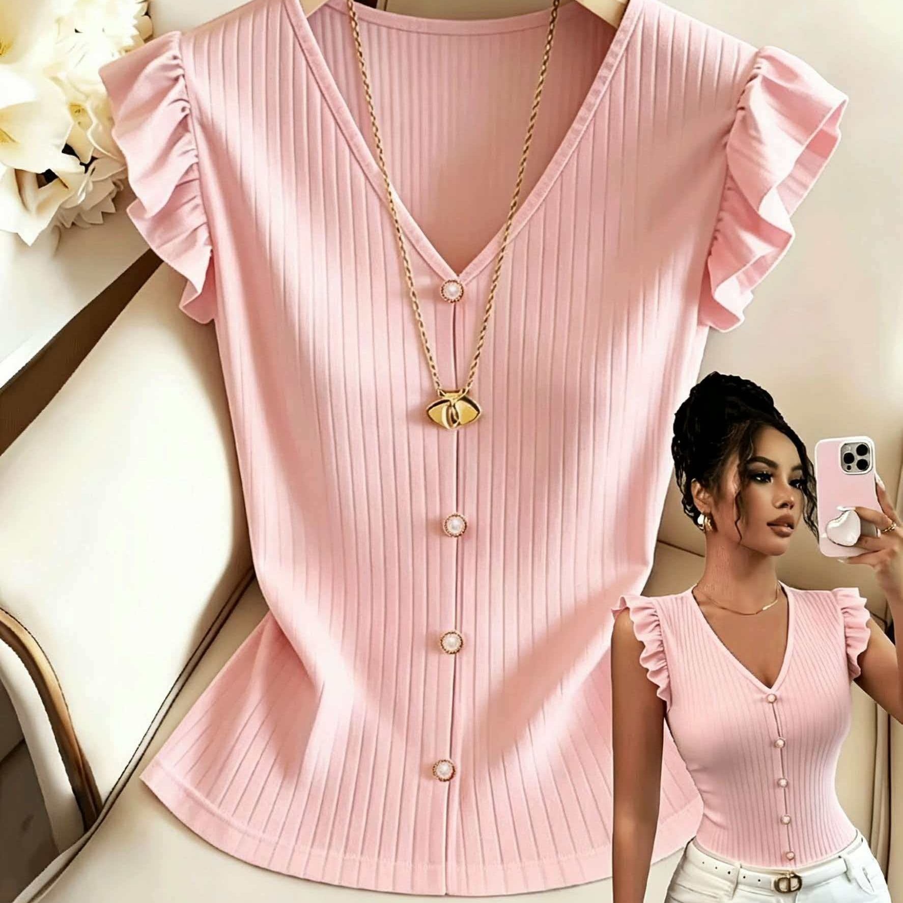 TEMU Women's Summer Lightweight Ruffle Sleeve V-neck Short Sleeve T-shirt