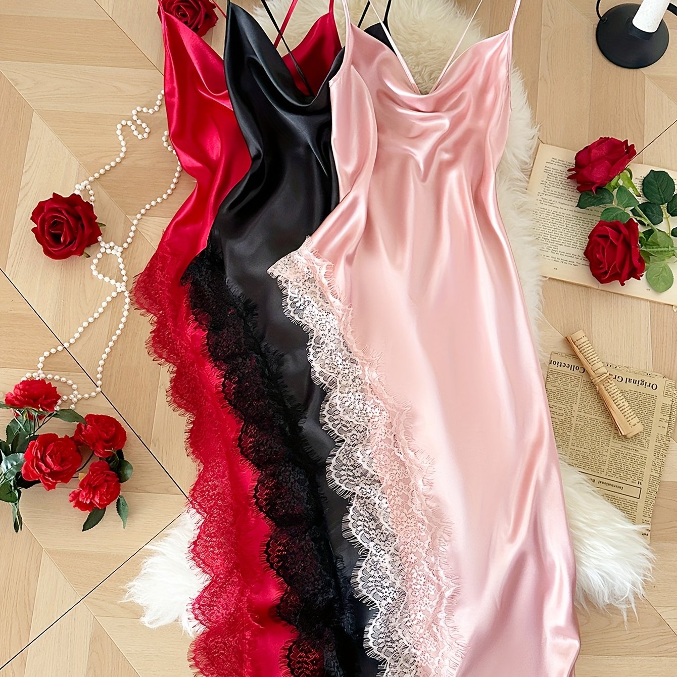 TEMU 3pcs Set Of Women's Elegant Four-season Fashion Lace-trimmed Long Camisole Nightgowns With A Draped Neckline