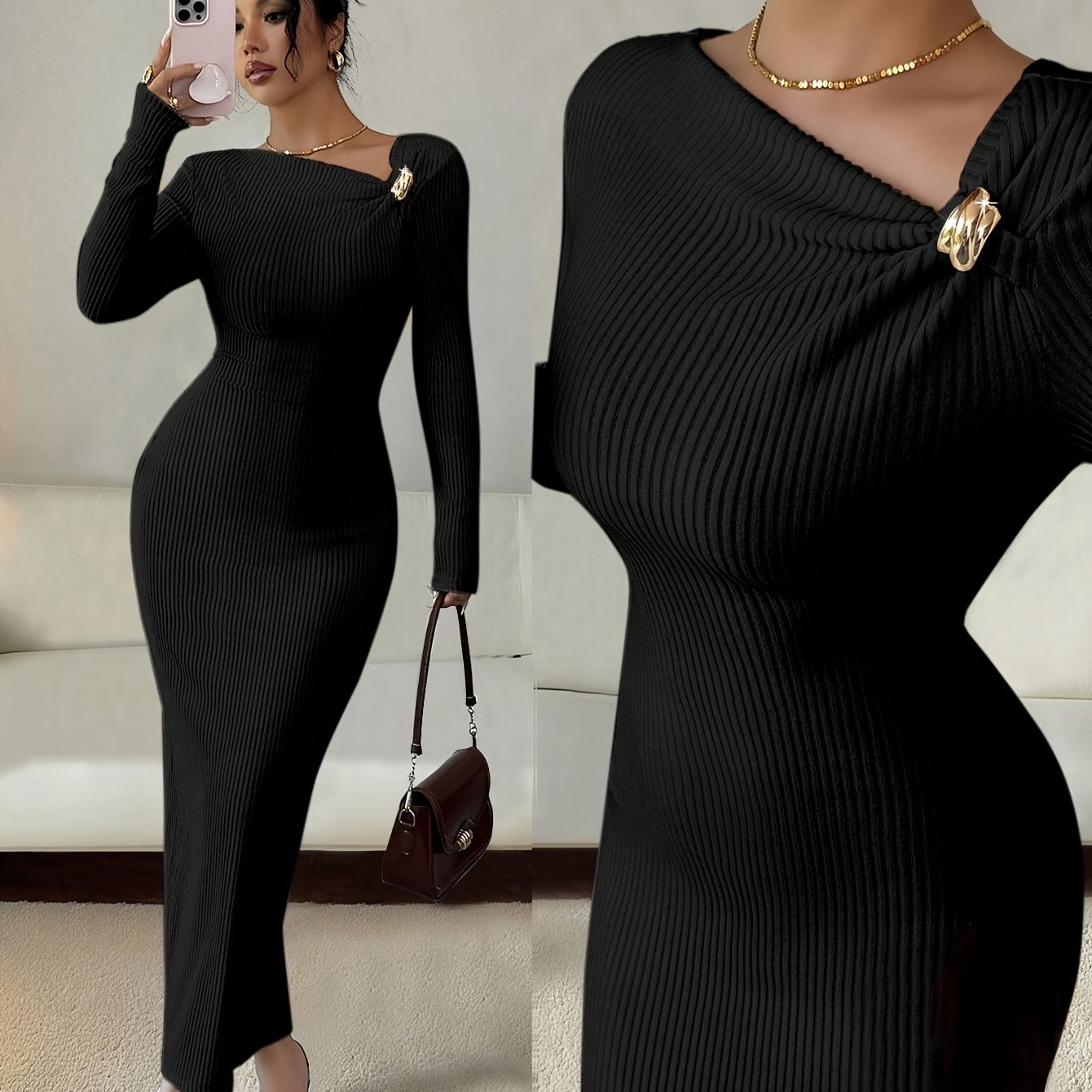 TEMU Directional Wy260622024 Fall Winter Solid Asymmetrical Neckline Metal Accessory Ribbed Long Sleeve Women's Dress