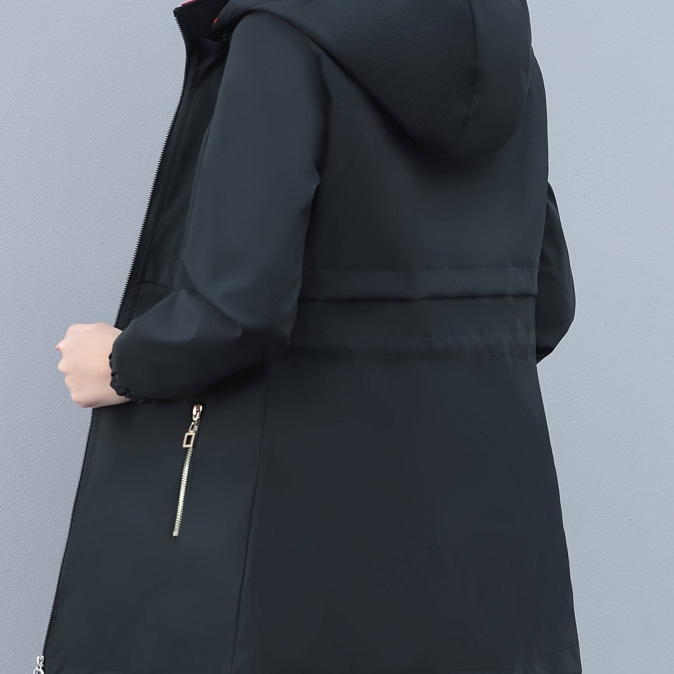 TEMU Women's Reversible Windbreaker Jacket, Spring/ And Black Color , Front Zippered Pocket, Mid-length Detachable Hood Top, Adjustable Waist