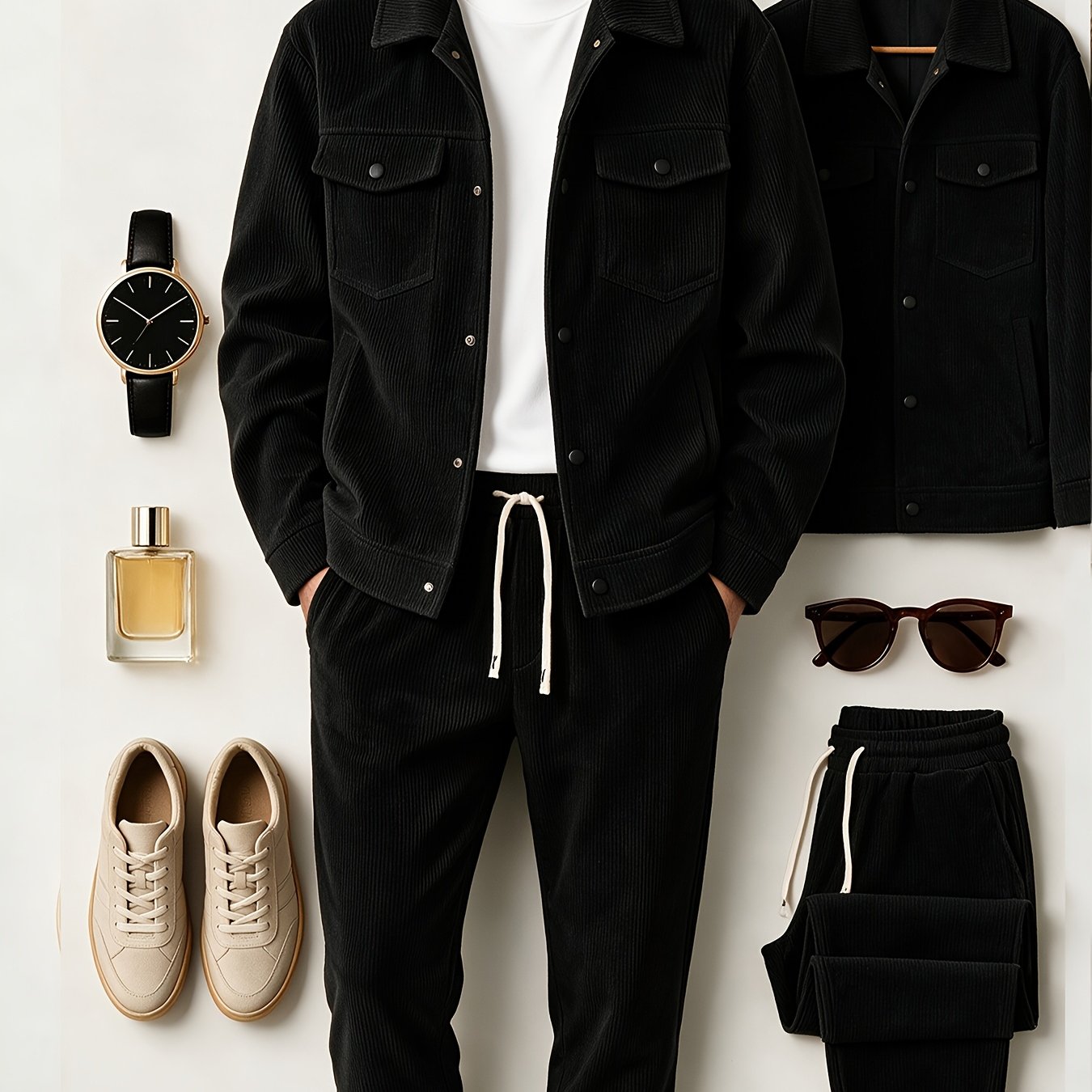 TEMU [star Obm] Autumn Winter Men's New Pinstripe Corduroy Lapel Cargo Jacket Casual -match Suitable For Daily Drawstring Ankle-cinching Pants 2pcs