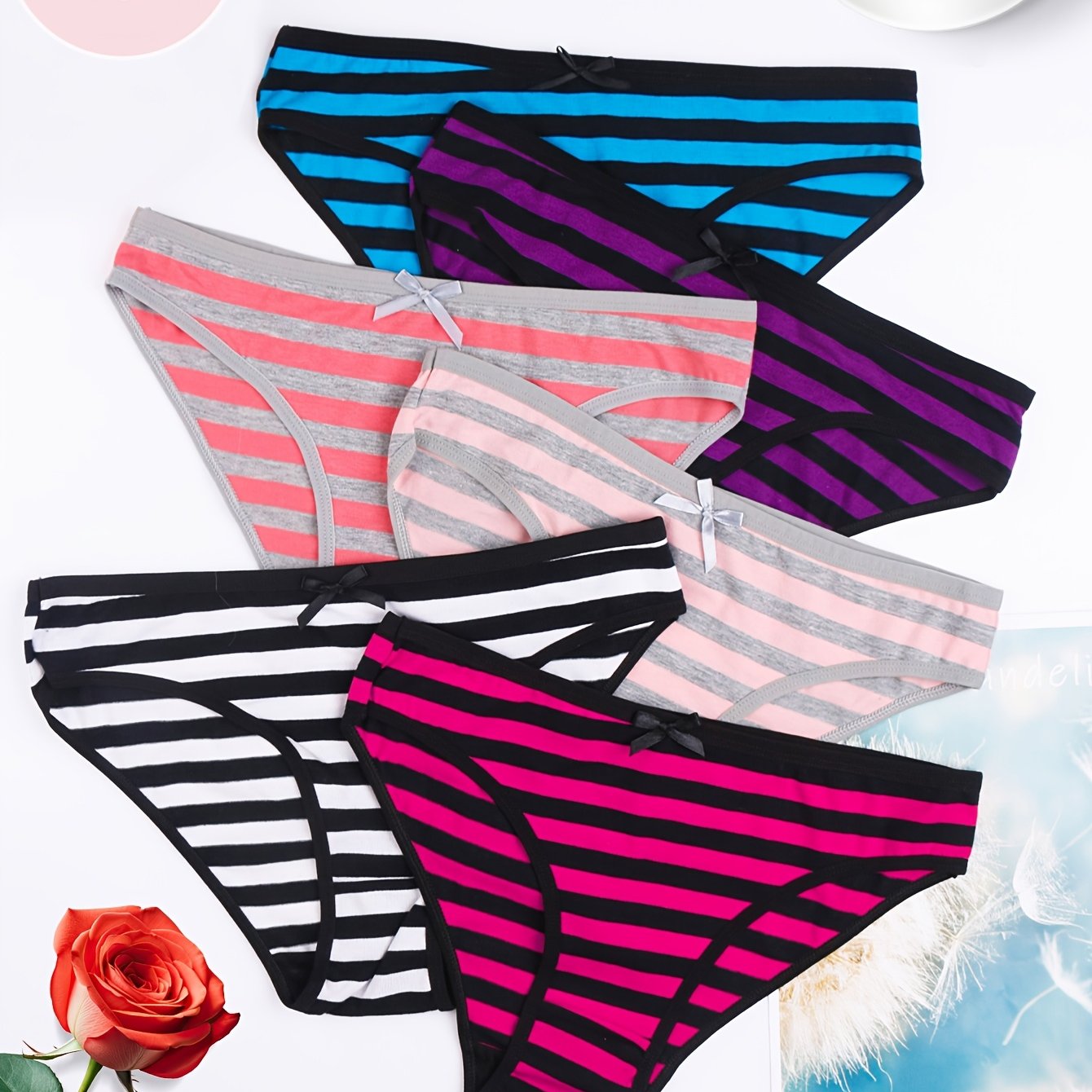 TEMU 6pcs Set Of Women's Colorful Striped Underwear, With Romantic Bow Elements At The Waist, Low Waist Comfortable Breathable Underwear, Bright 2