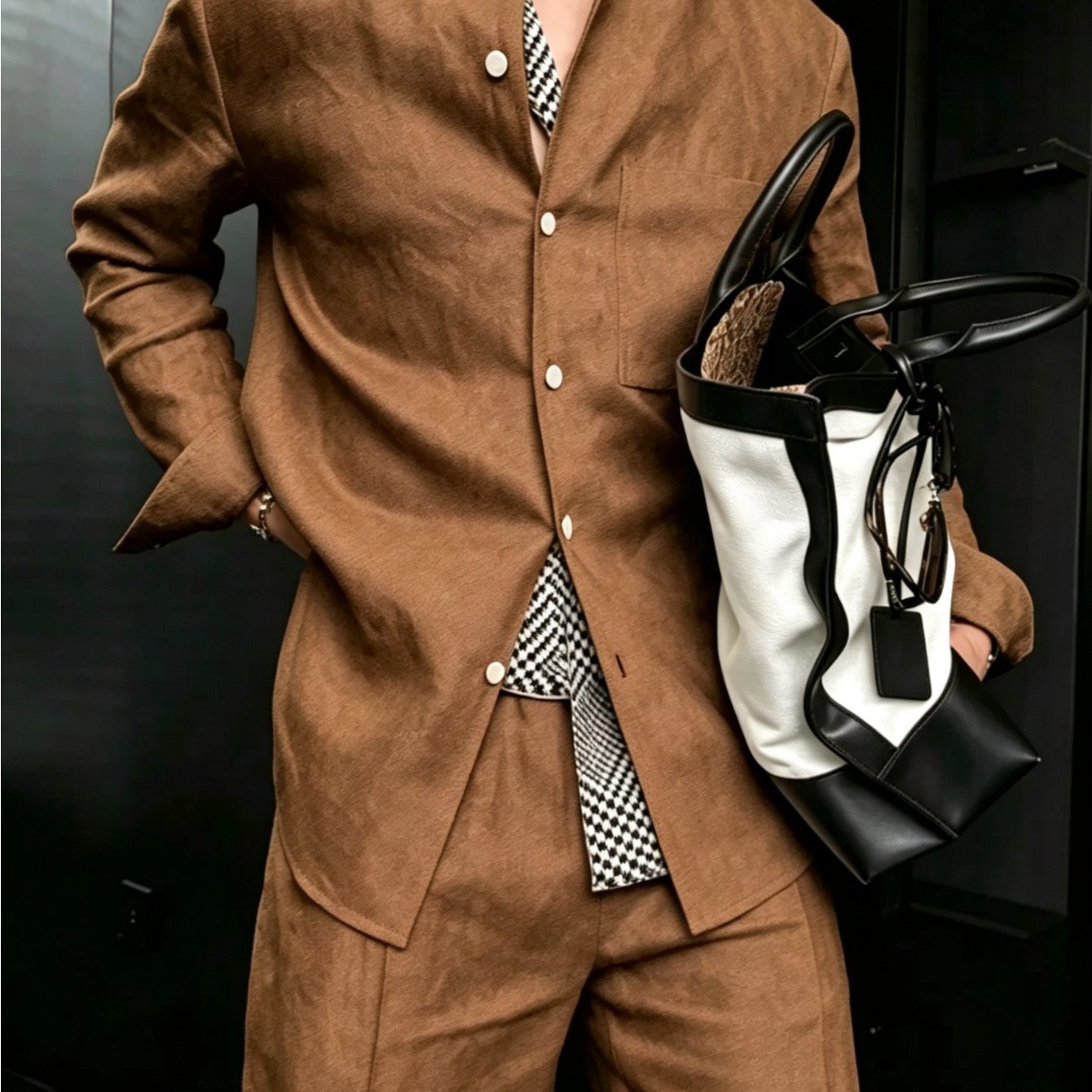 Men'-piece Set: Stand Collar Front Button Long-sleeve Shirt And High-waist Wide-leg Suit Trousers, Business Casual Combo