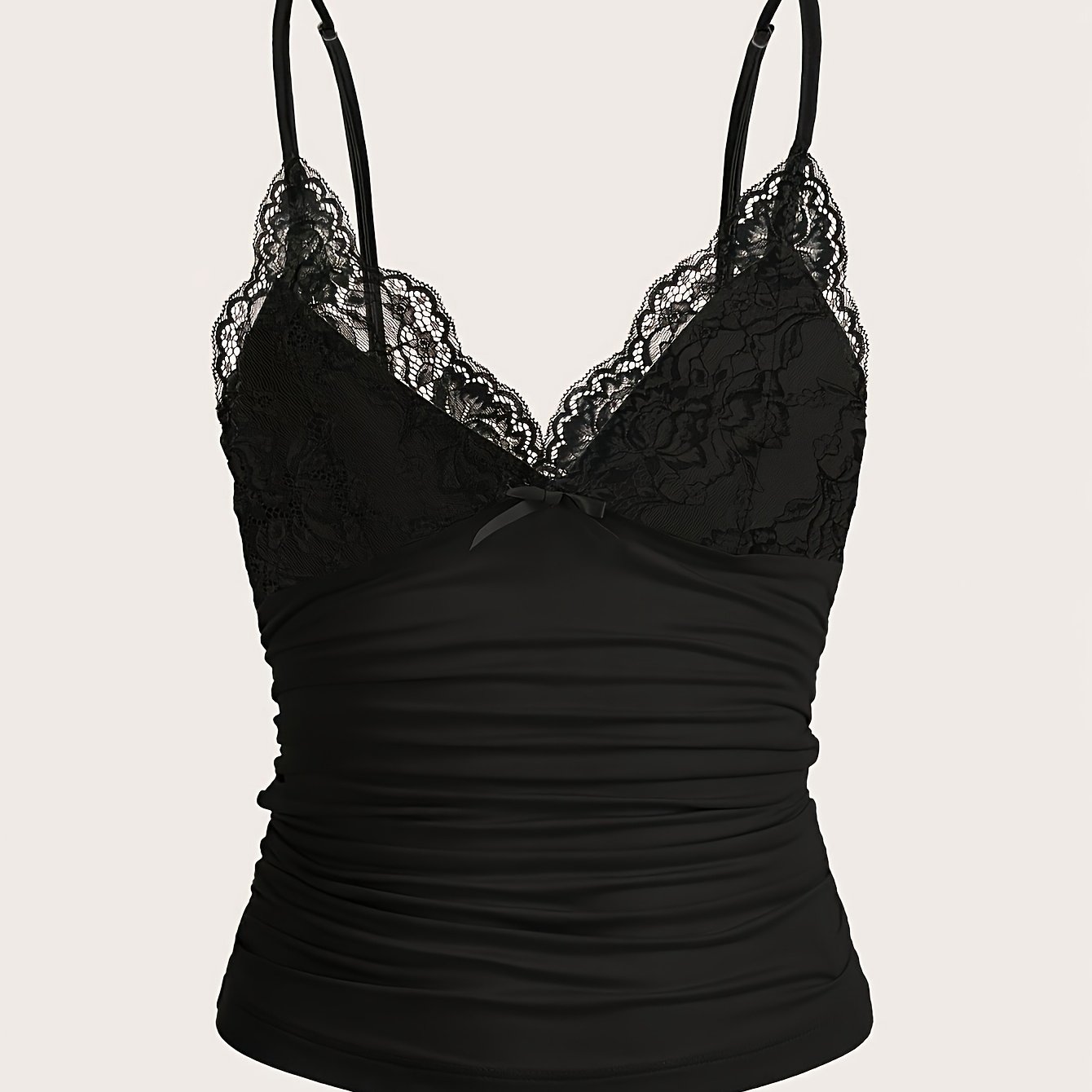 Image of Women' Color Elegant Mature Sexy Ruched Waist-defining Pure Desire Style Bow-decorated Lace V-neck Camisole Top, Worn As An Inner Layer Or Outerwear