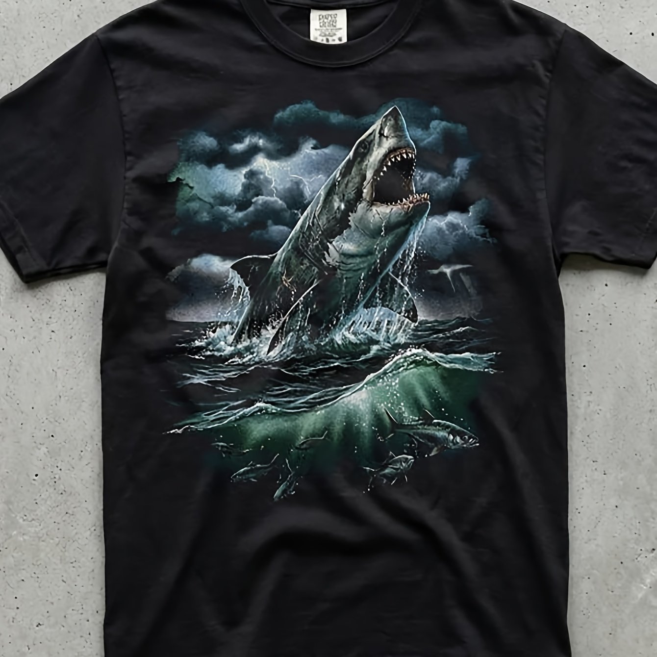 Image of Men's Retro 90s Shark Graphic T-shirt - Heavyweight 180g Cotton Crew Neck Short Sleeve Tee With Shark Print, Suitable For Casual Wear & Marine Wildlife Apparel, Machine Washable Vintage Top