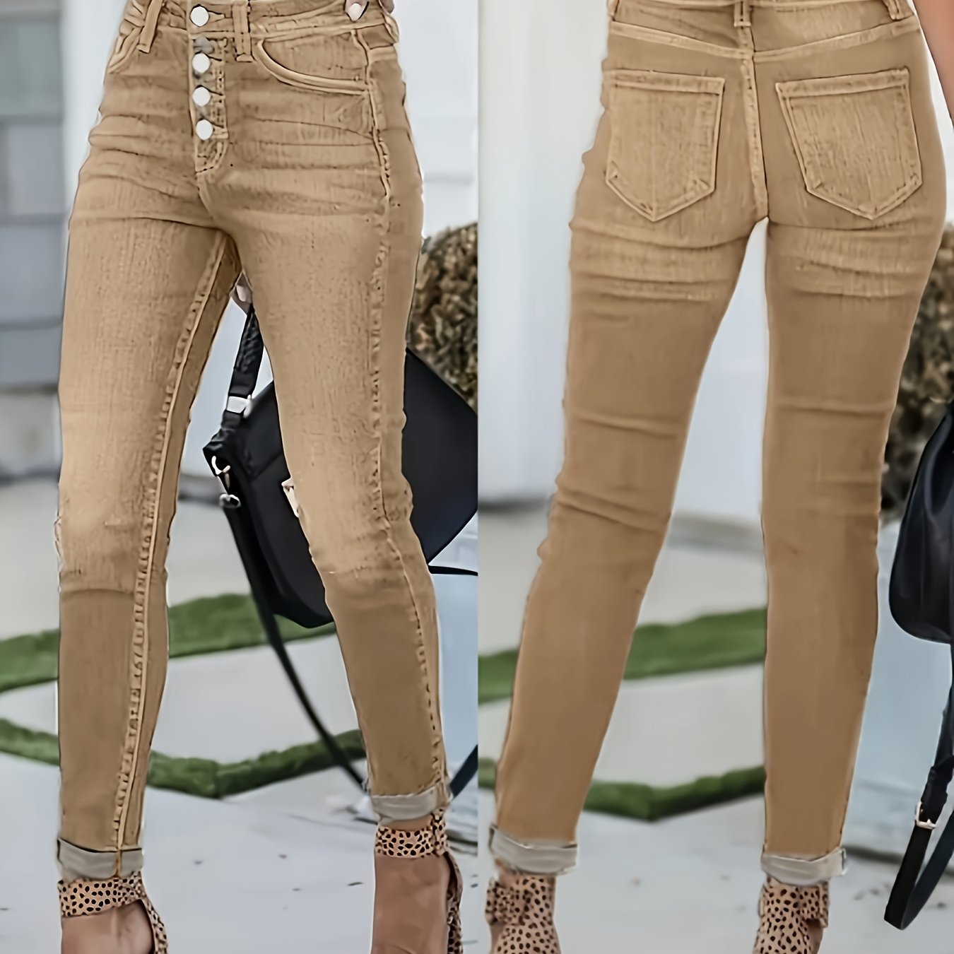 Image of Stretch Multi-button Khaki Denim Long Pants