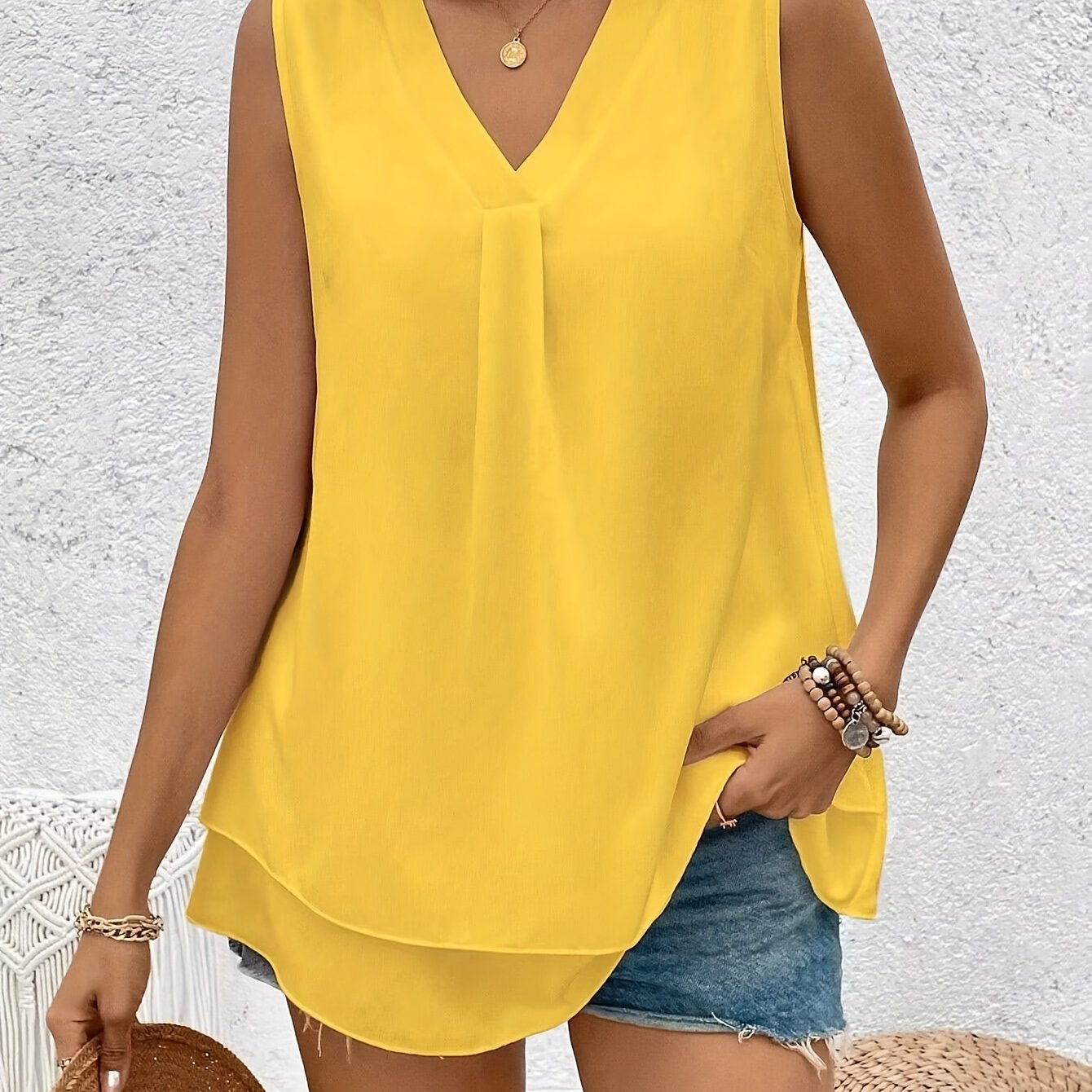 TEMU Solid Color V-neck Tank Top, Casual Sleeveless Layered Hem Top For Spring & Summer, Women's Clothing