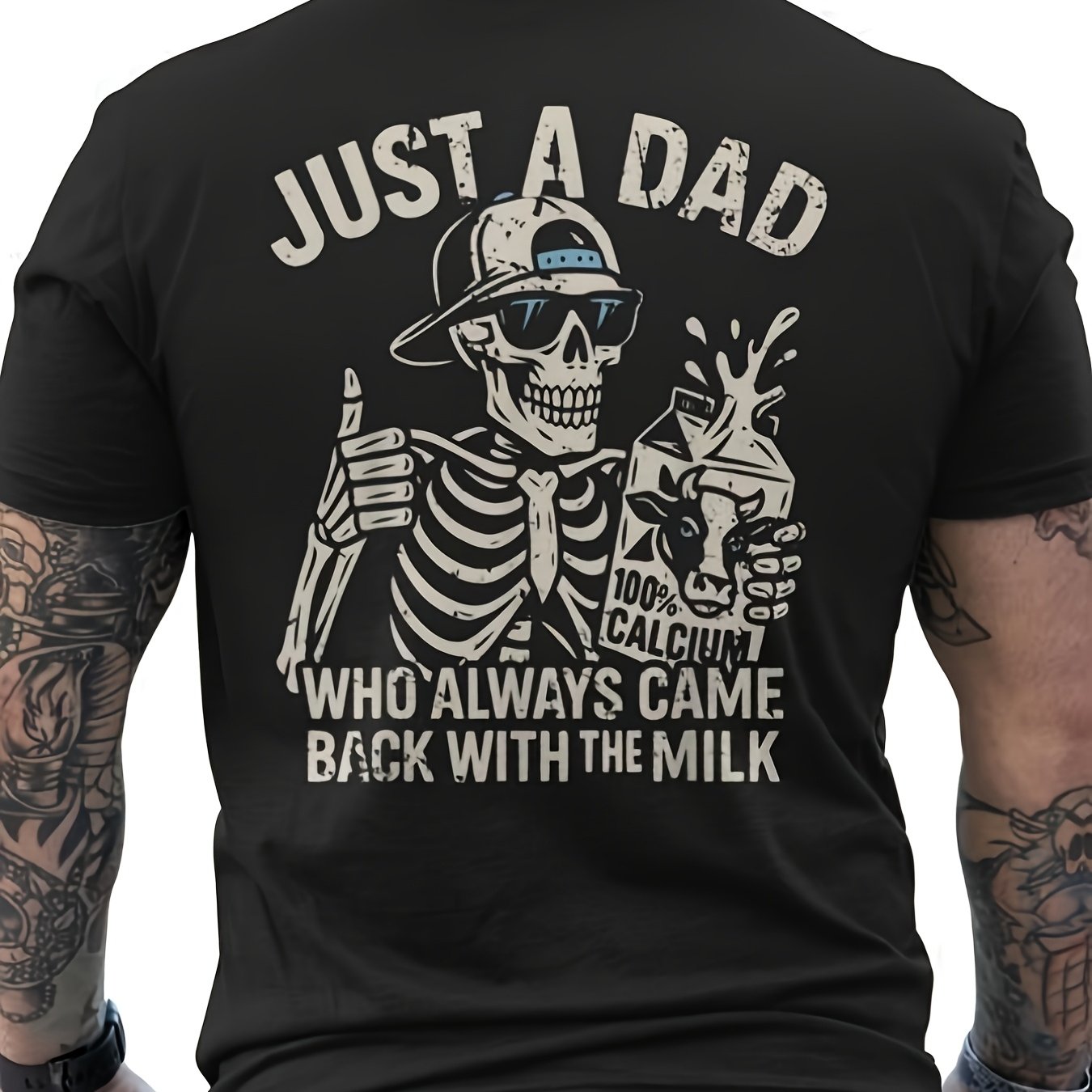 TEMU Mazezy Men's Funny Dad Just A Dad Who Back With Slogan Skeleton Back Print Black Casual Round Neck Tee For Gym Halloween Costumes Birthday Gifts