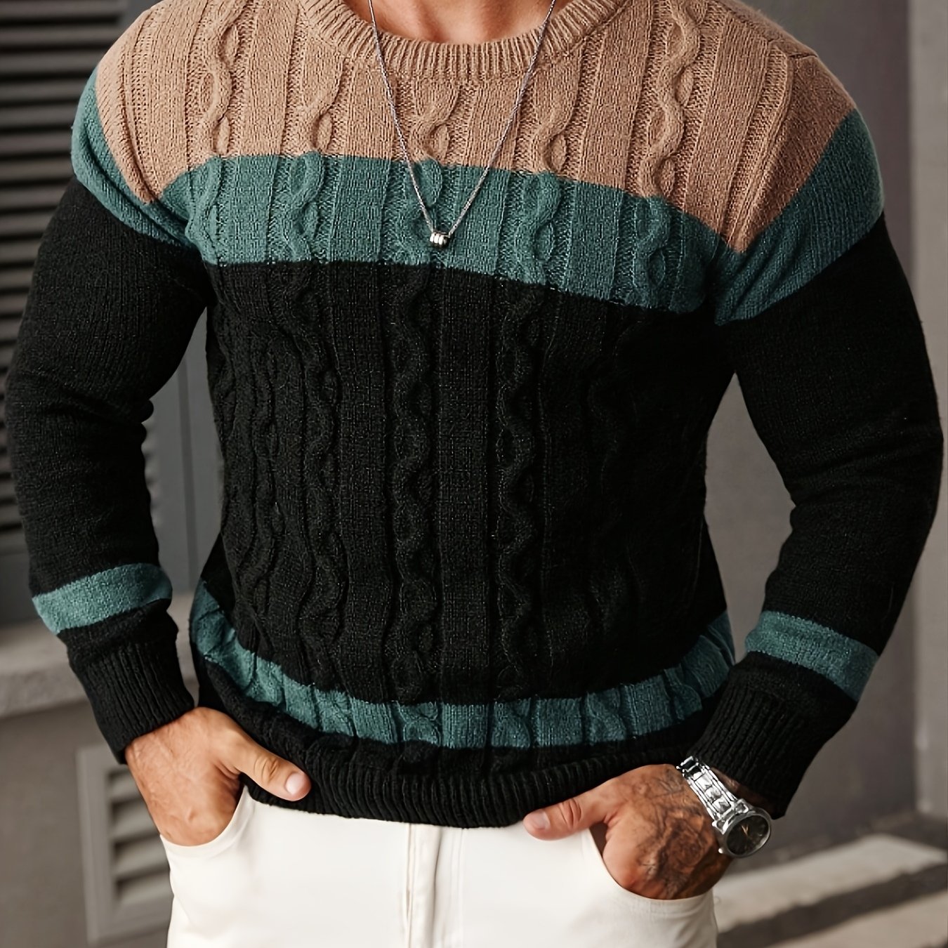 TEMU Men's Color- Tweed Knitted Sweater, Round-neck Long-sleeved Knitted Color- Light Gray For Business And Casual , Autumn Essentials