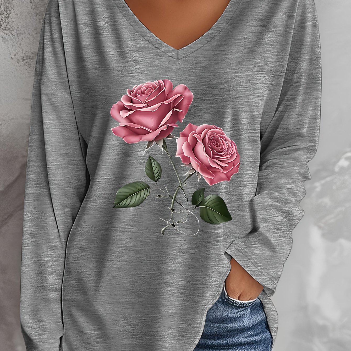 TEMU Plus Size - Valentine's Summer Plus Size Women's Casual Long Sleeve V-neck T-shirt With Rose Floral Print, Viscose Fabric - Care Machine