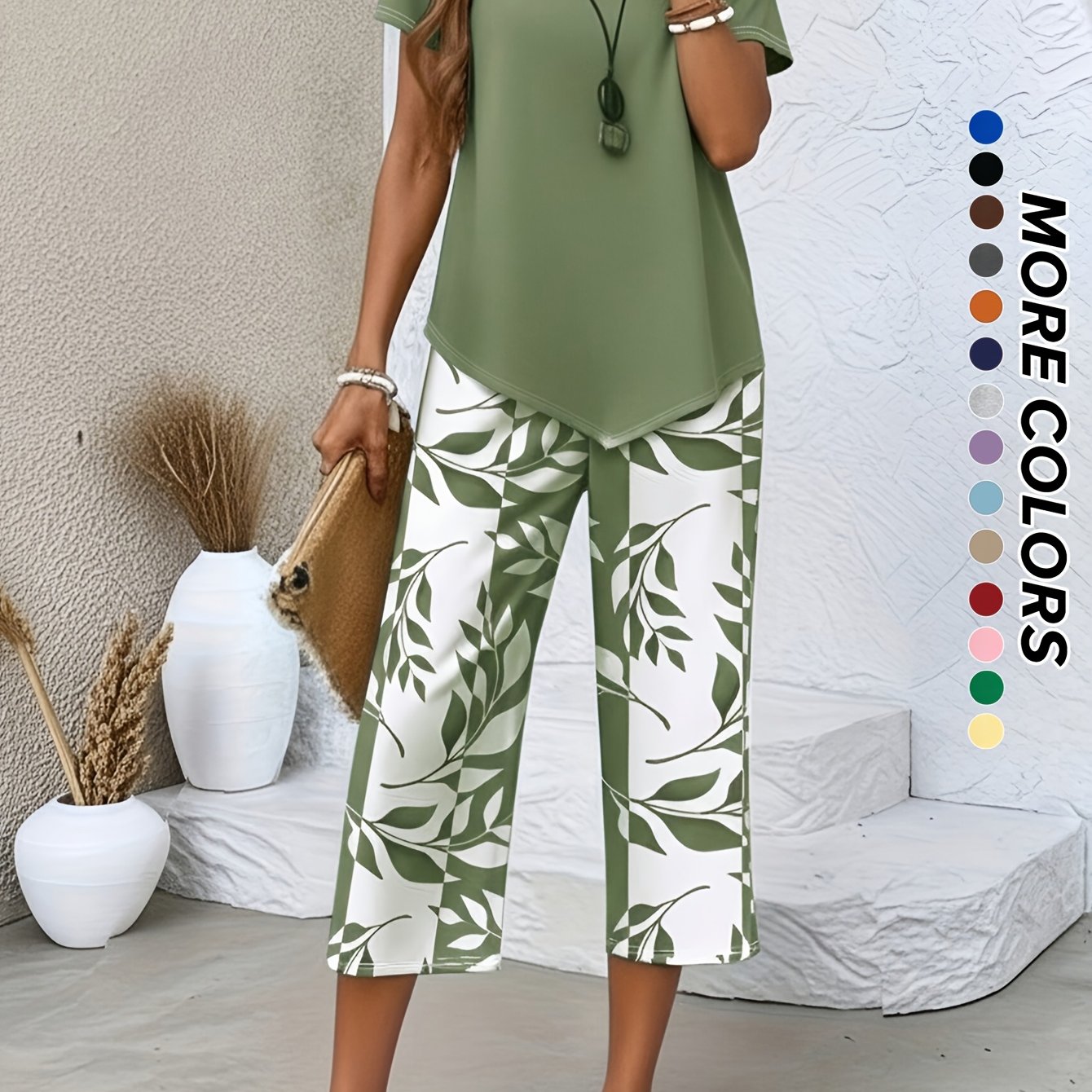 TEMU Spring And Summer Women's Casual 2pcs Set, Light Blue Short-sleeved Crew Neck Top, Blue And Printing -point Wide Legs, Loose And Comfortable,