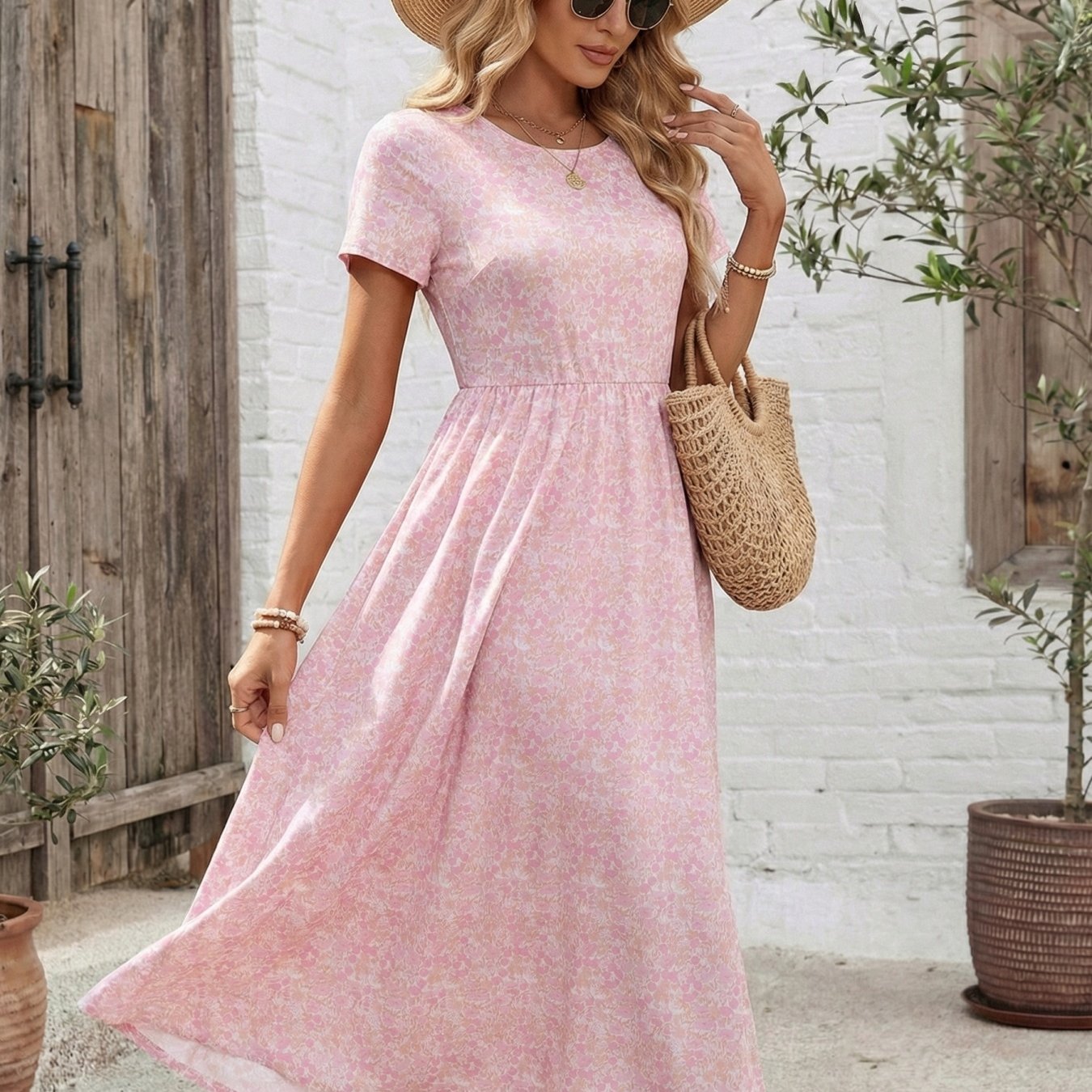 Image of In The Summer Of 2026, Women's Dress, Short-sleeved Round Neck Floral Medium And Long, , Is Suitable For Summer Leisure Commuting, Elegant Design And Straw Hat Are More Stylish