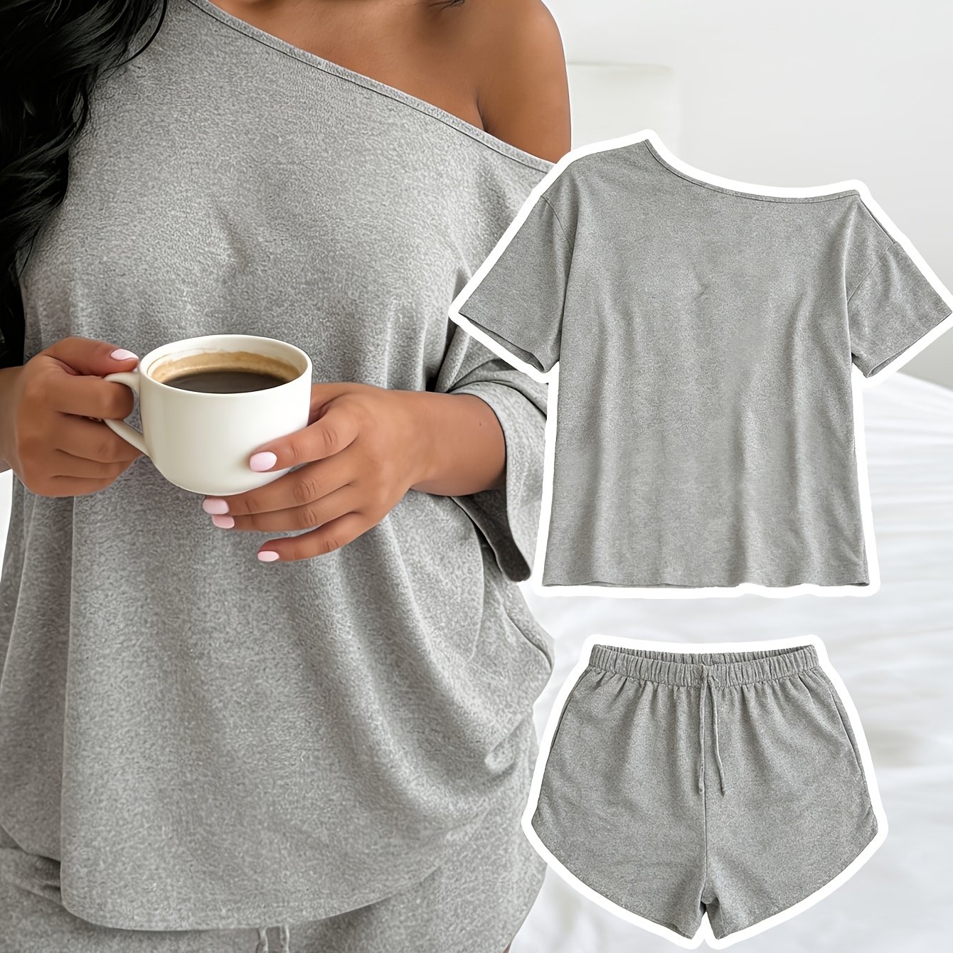 E-shop Standardgröße Damen Frühlings-/Sommer-Pyjamas, Einfarbig Einfach Bequem, Modisches Tragbares Off-Shoulder Homewear-Set für Damen