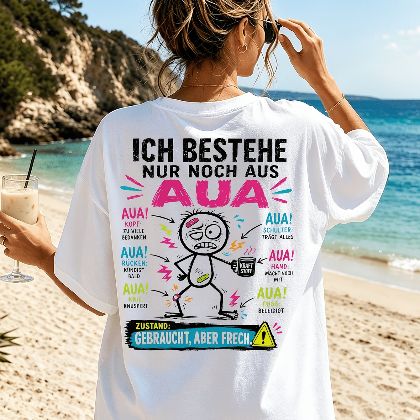 Image of Plus Size, Women's Sassy T-shirt - Aua Body Cartoon Back Print With "ich Bestehe Nur Noch Aus" & "gebraucht Aber Frech" Lettering - Casual Round Neck Tee Suitable For , Machine Washable Apparel