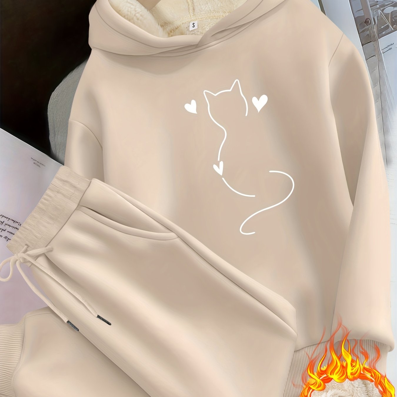TEMU Japanese And Korean Style Autumn/winter Casual Women's 2pcs Set: -lined Thickened Hooded Sweatshirt With Cat And Heart Element Print, And Pants
