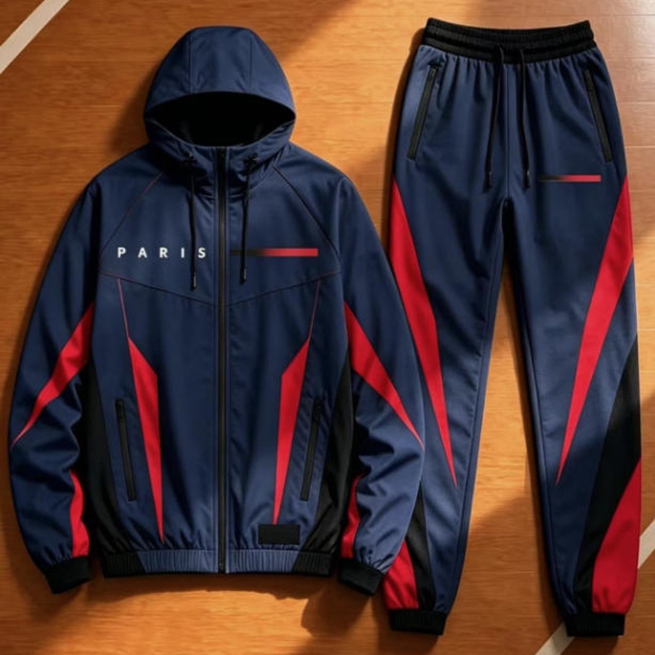 Image of Color Block Paris Graphic Men's Plus Size Fashion Style Sportswear Hooded Jacket Pants Set For Adult Men Holiday Gift Daily Wear, Plus Size