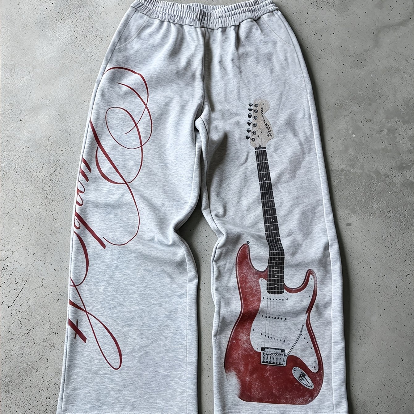 TEMU Pantalon de survêtement américain vintage à jambes larges avec imprimé guitare électrique, pantalon décontracté ample gris lin à taille avec