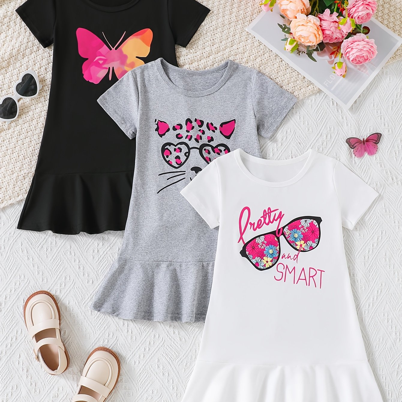 Image of 3pcs Young Girl Casual Pencil Skirt Short Sleeve Dress Set With Cartoon Print For Summer