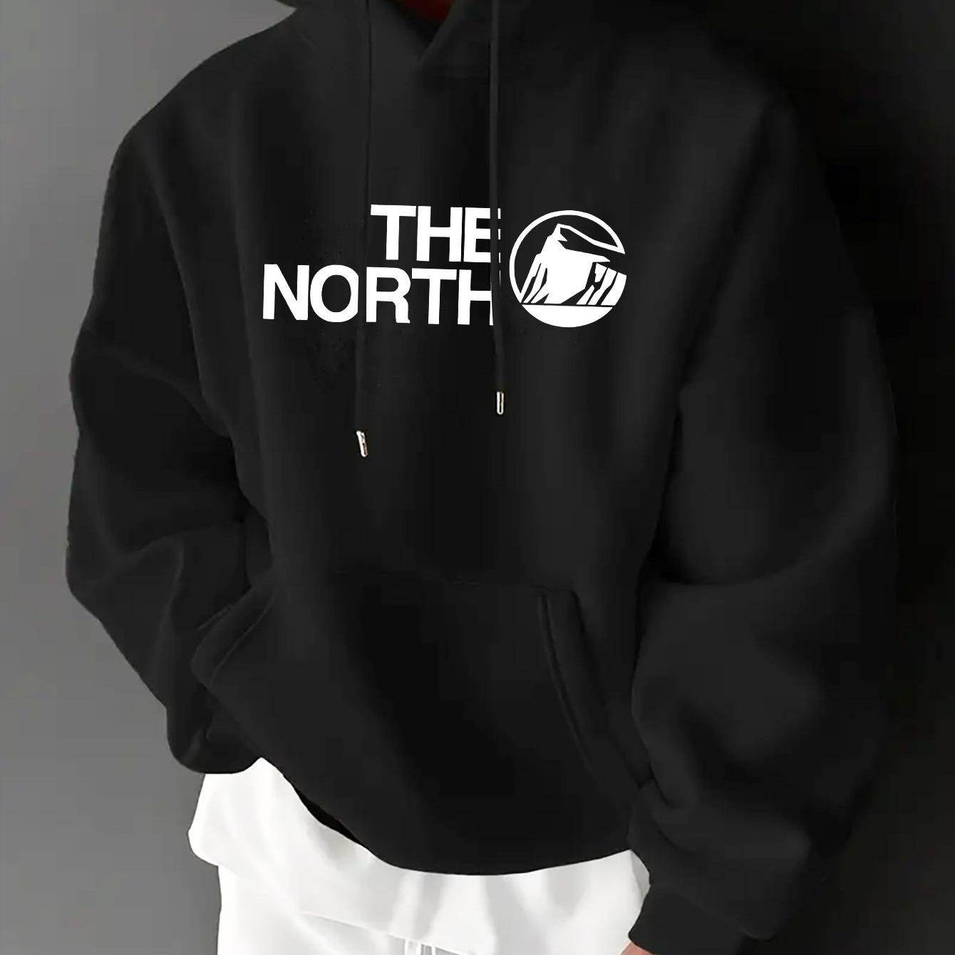 Image of Men's The North Lettering And Mountain Logo Hooded Sweatshirt White Pullover Hoodie With Kangaroo Pocket, Outdoor Sweater, Machine Washable, Casual Wear, Regular Fit Comfortable Sweater For Men