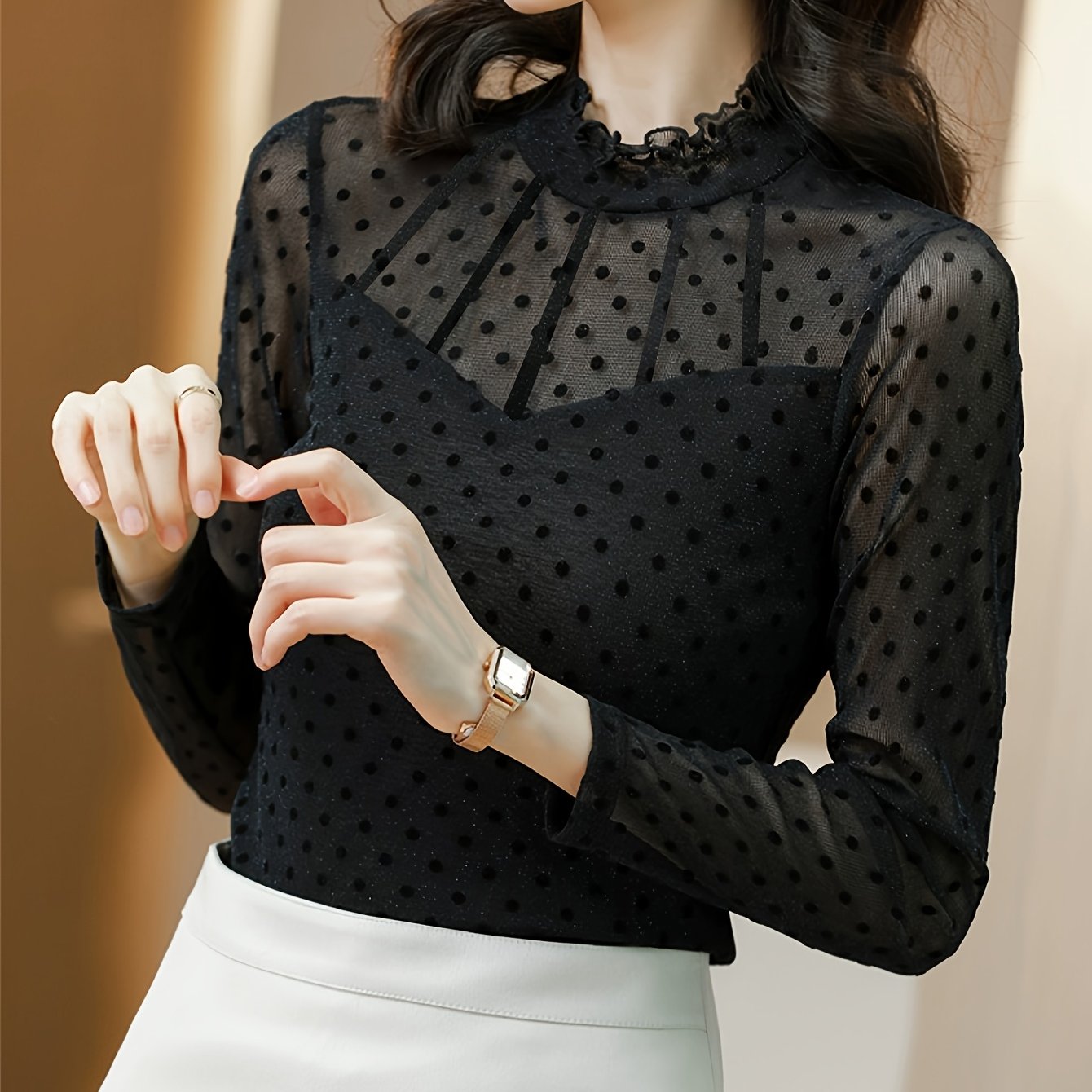 TEMU Women's Mesh Base Layer Top, Loose Fit And Versatile, Latest 2024 Style, Polka Dot Flocked Print, Stylish Blouse