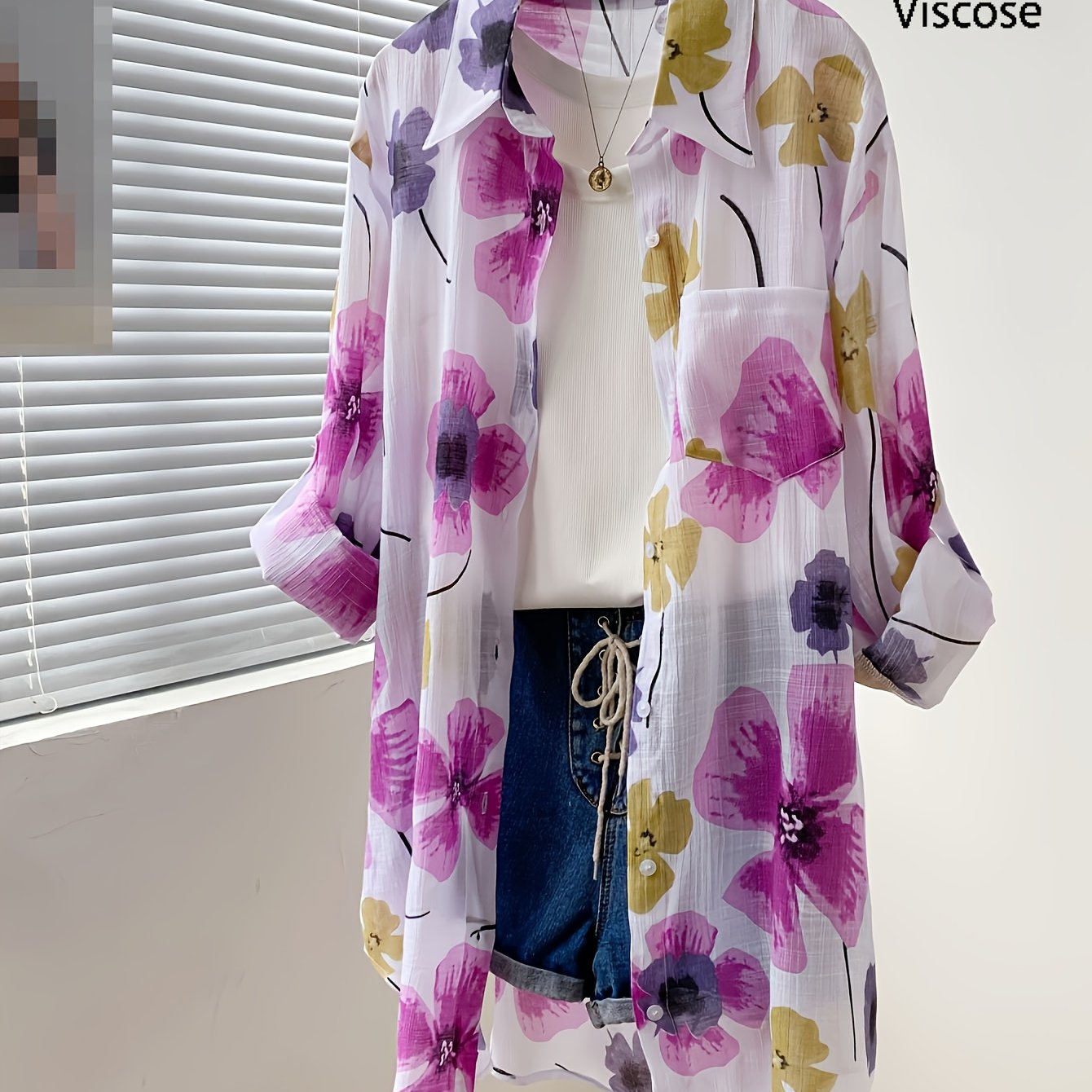 Image of New Beautiful Thin Translucent Clover Flower Straight Spray Printed Long Sleeve Shirt Loose Casual With Cuffs Mid-length Cardigan Blouse Women' Fashion