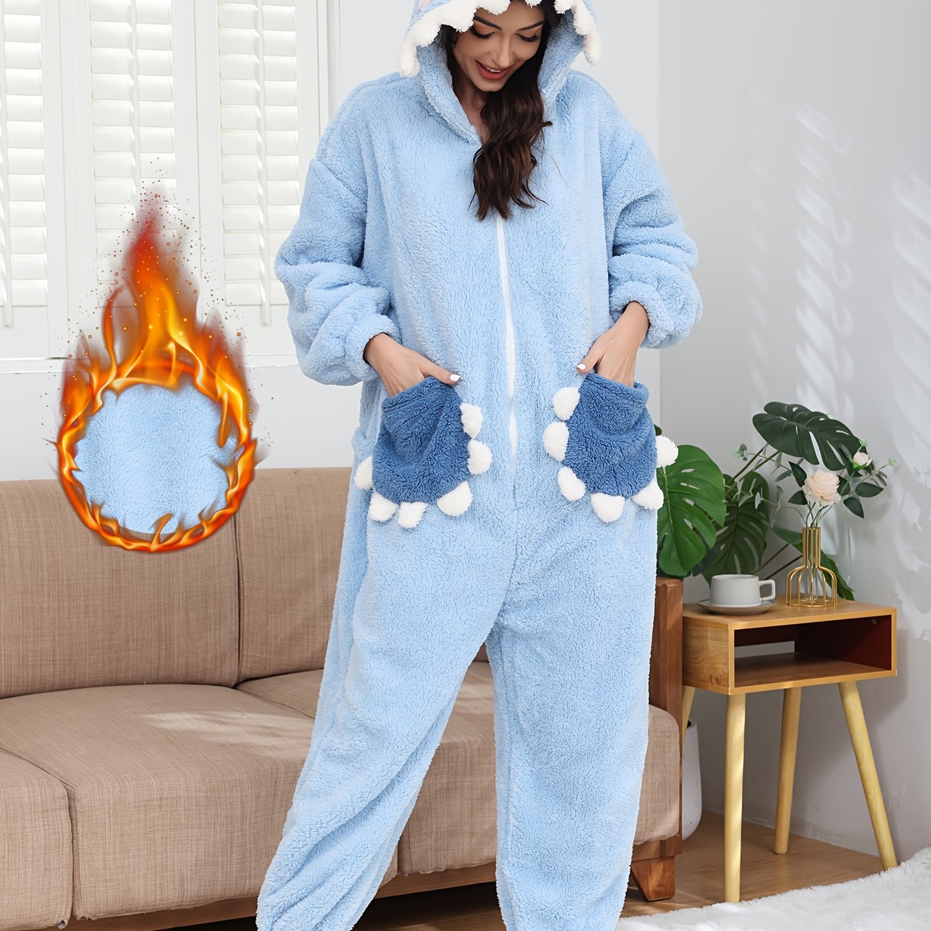 Image of Cartoon Shark Hooded Onesie | Long-sleeve Zip-up Fleece Pajamas For Carnival, Easter, And Music Festivals | Women's Plush Warm Hooded Bodysuit, Animal Cosplay Costume