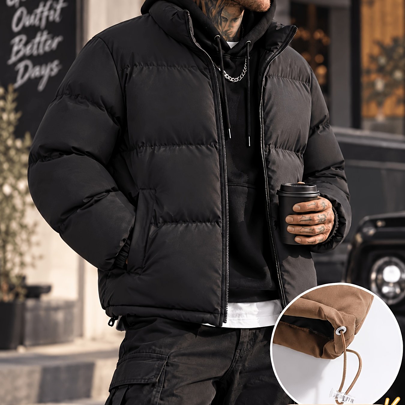 1pc Men\u0027S Thick Padded Jacket Stand Collar Zi...
