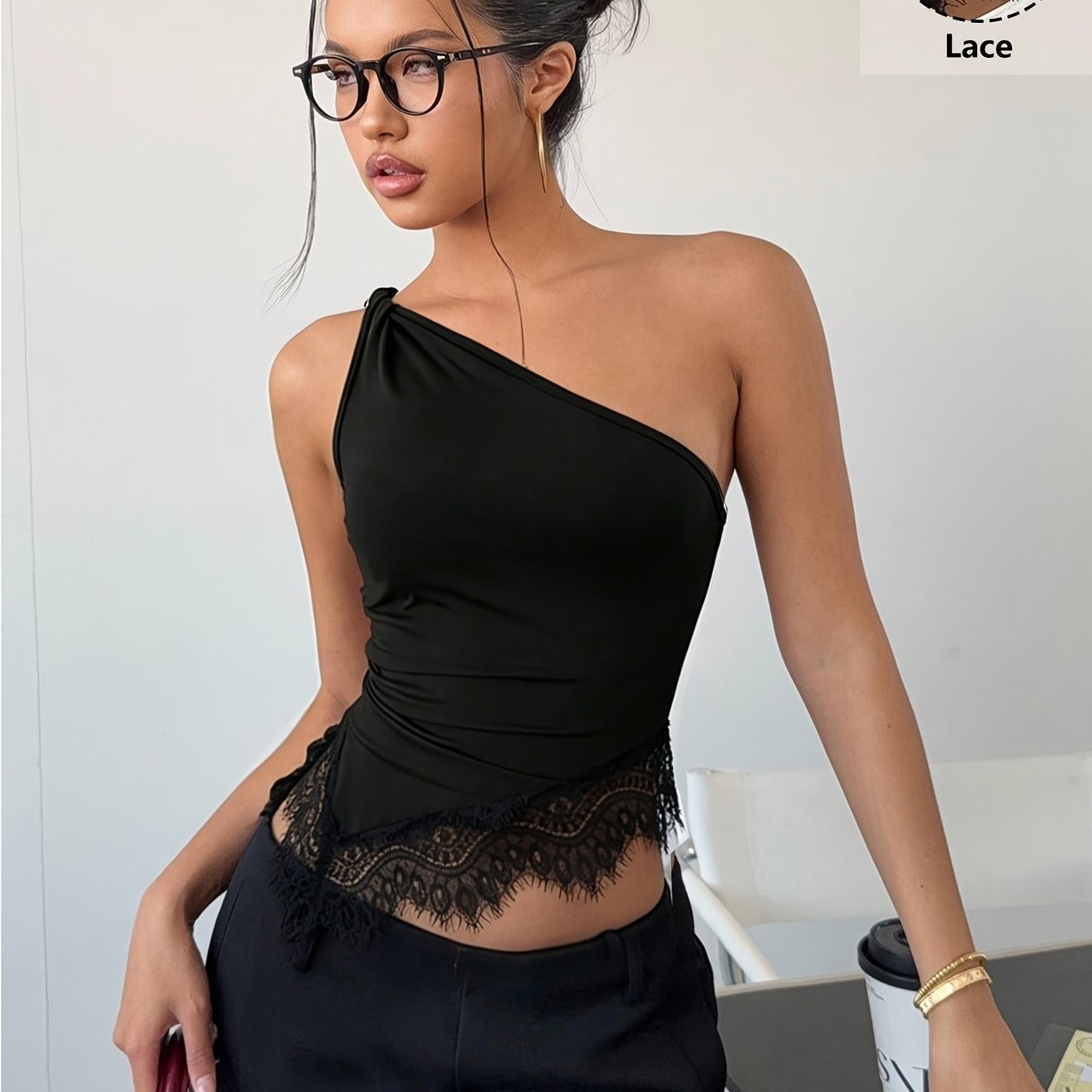 TEMU -shoulder Slant Collar Lace Hem Vest Zllz