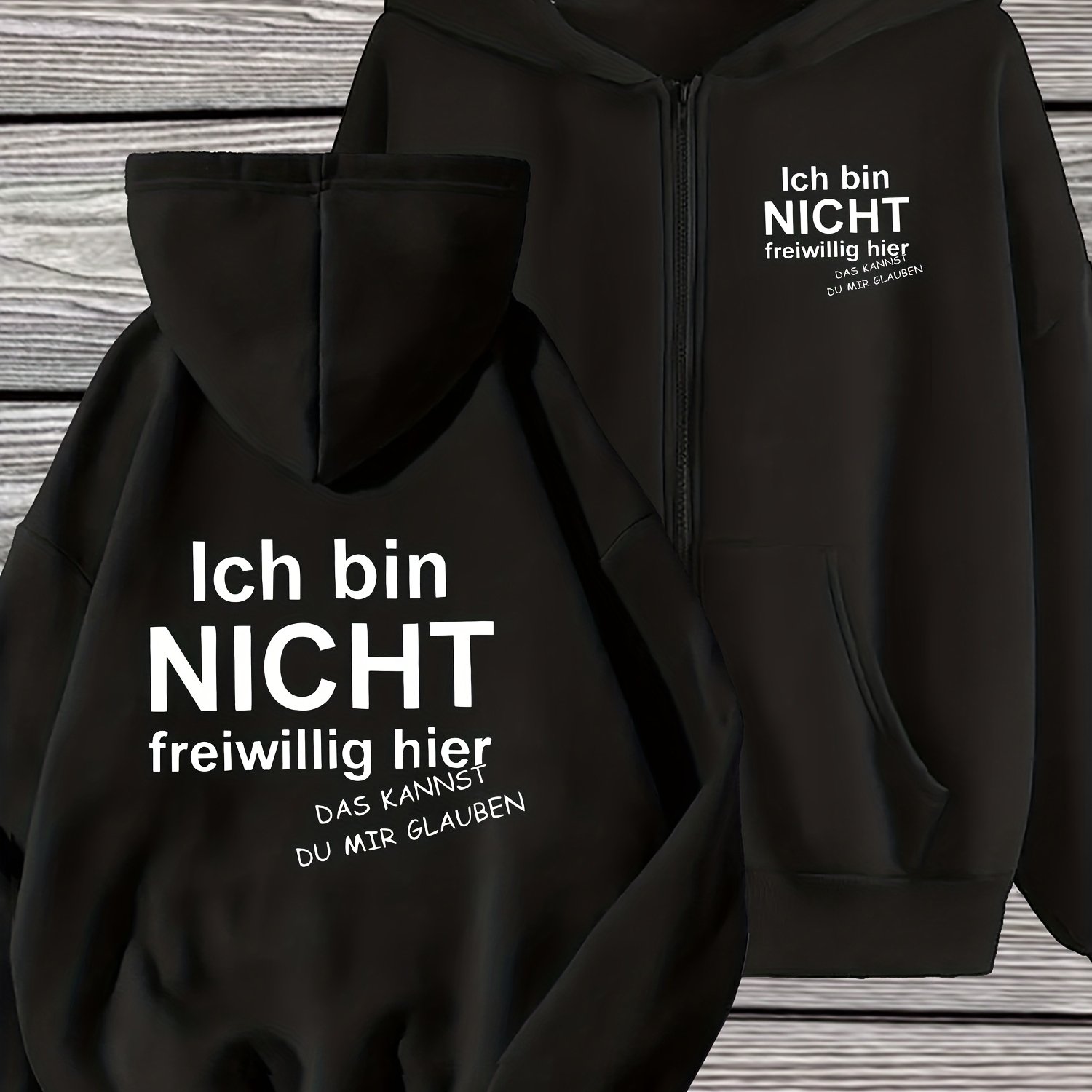 TEMU German "i Am Not Volunteering Here" Text Pattern Hooded Zip-up Jacket For Women, Regular Fit, Comfortable Fabric, , Suitable, Essential Full-zip