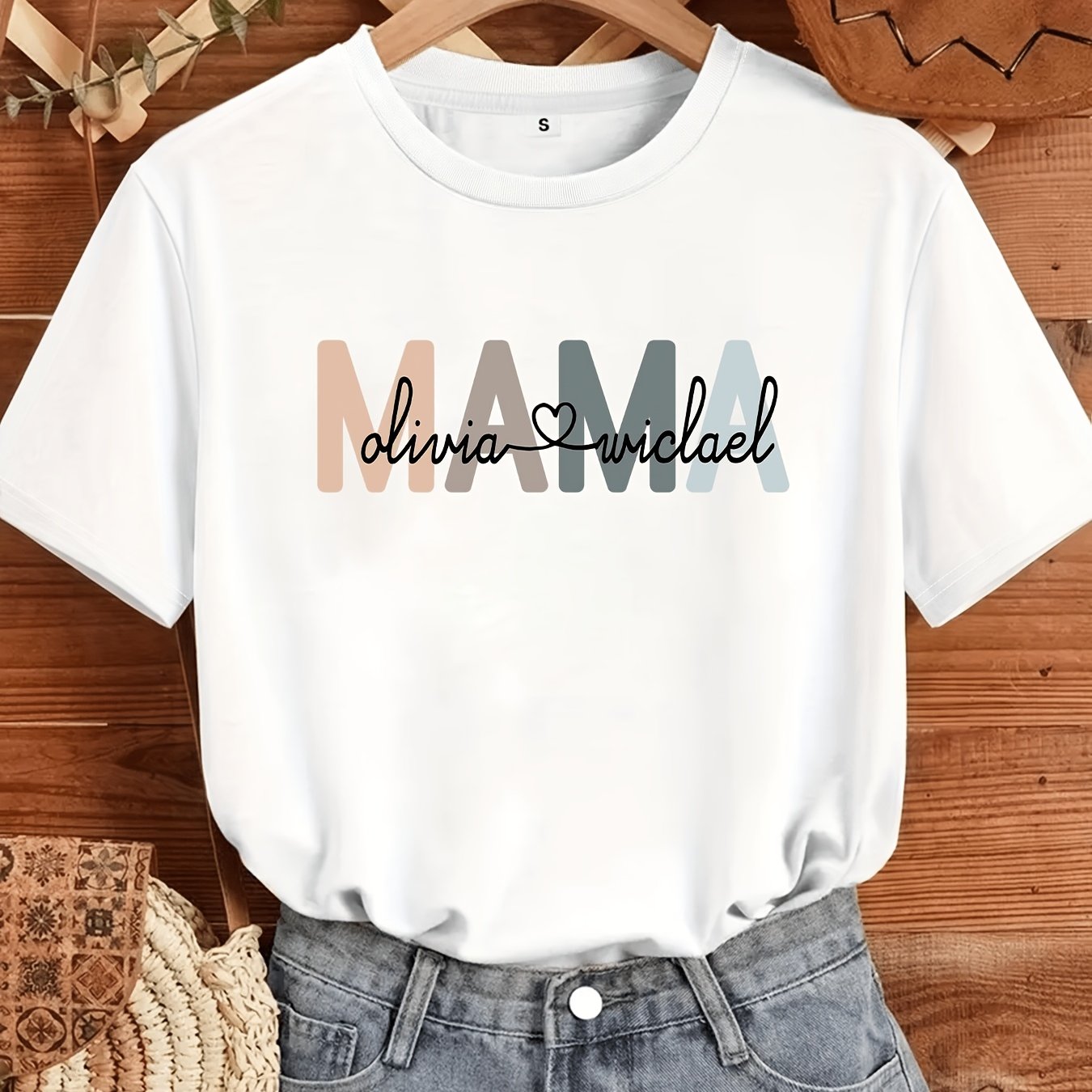 Image of Personalized Mama T-shirt With Names - Custom Family Shirt For Mom, 's Names & Mother's Day Gift, Casual Round Neck Tee With Custom Lettering, Machine Washable Family Keepsake Apparel