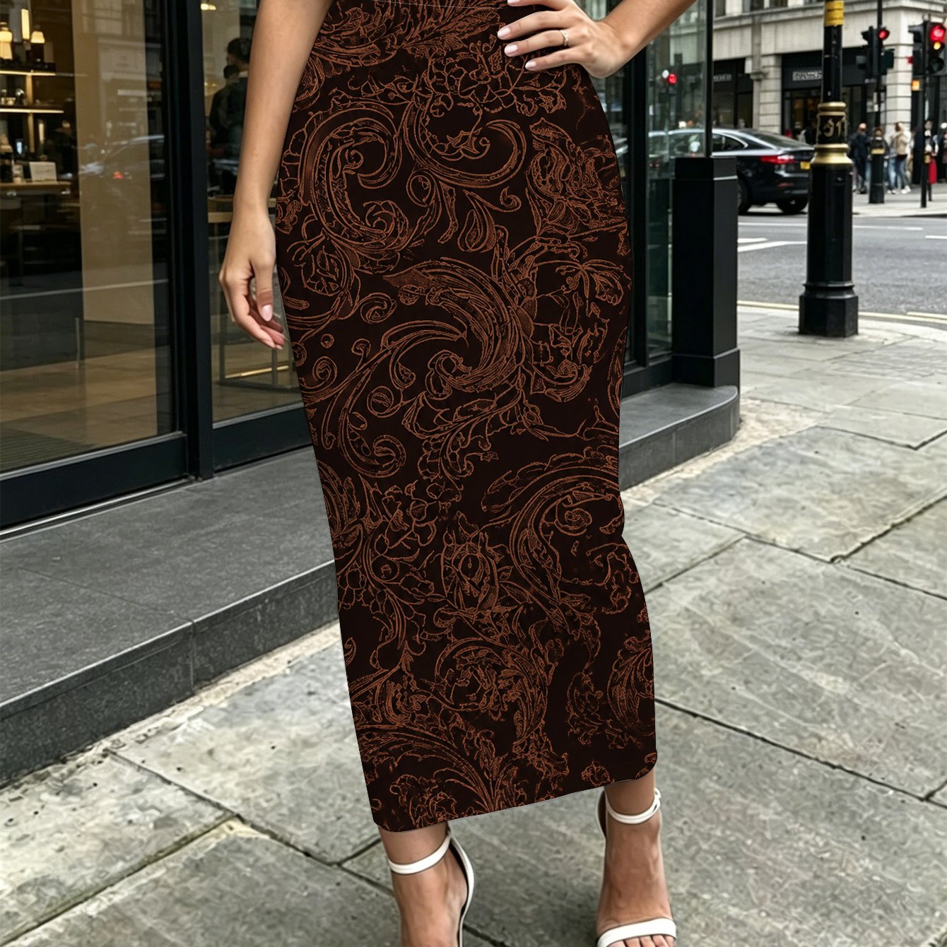 TEMU [printed Design - Not Textured] Vintage Baroque Floral Print Women's Mid-length Tight Wrap Skirt Suitable For Living Room, Bedroom, Street,