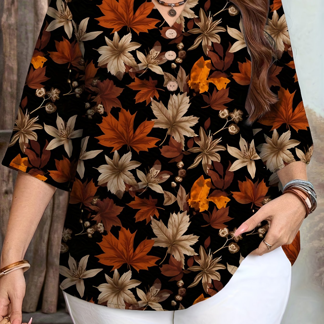 TEMU Plus Size - Plus Size - Plus-size Women's Casual Shirt With A Maple Leaf Print. Suitable For Spring And Autumn Wear, This Stylish And -neck Top