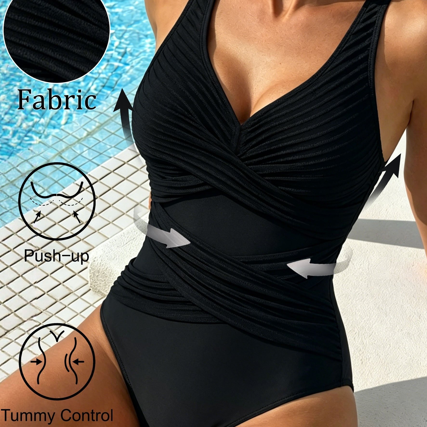 Image of 26ss Women's 1pc Solid Color Cross V-neck Slim Fit Swimsuit For Spring, Summer, And Autumn, Fashionable Casual Vacation Swimwear