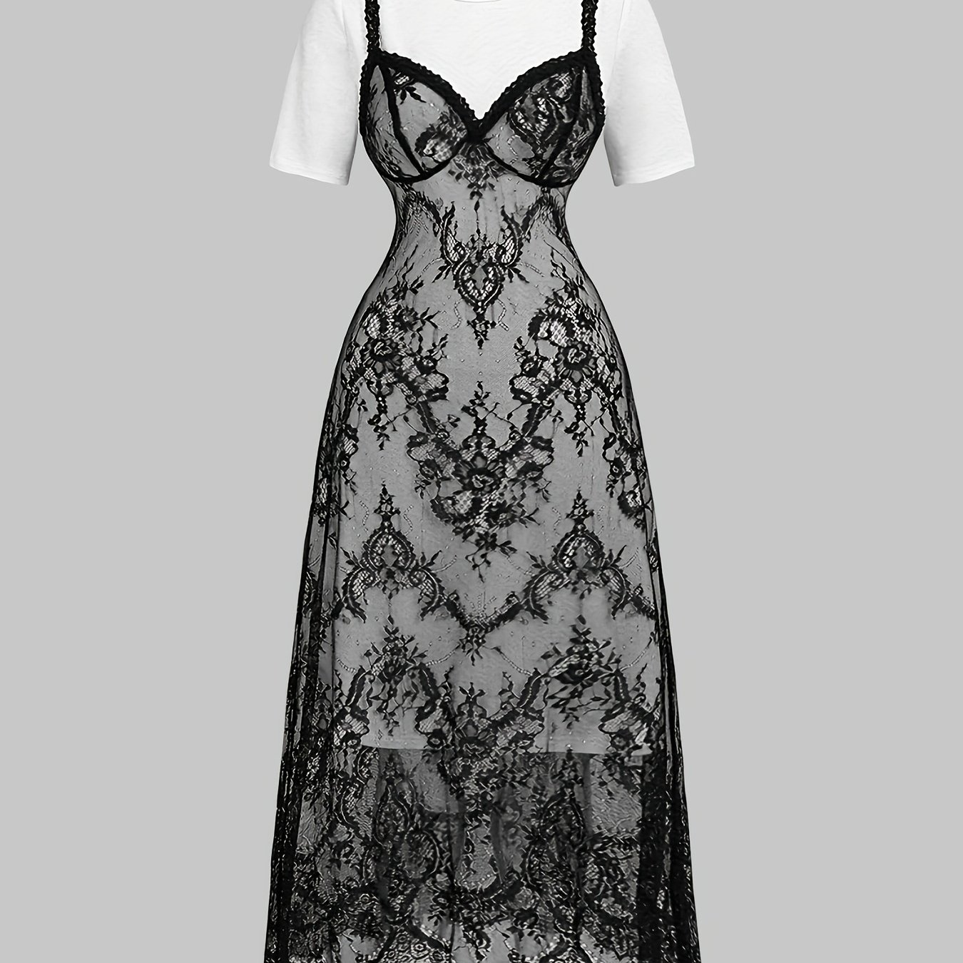 TEMU 2pcs Set: Casual Loose-fit Round Neck Short Sleeve Dress With Lace Camisole, Suitable For Daily Wear, Hippie Style, , Lace Accents, , Or Casual