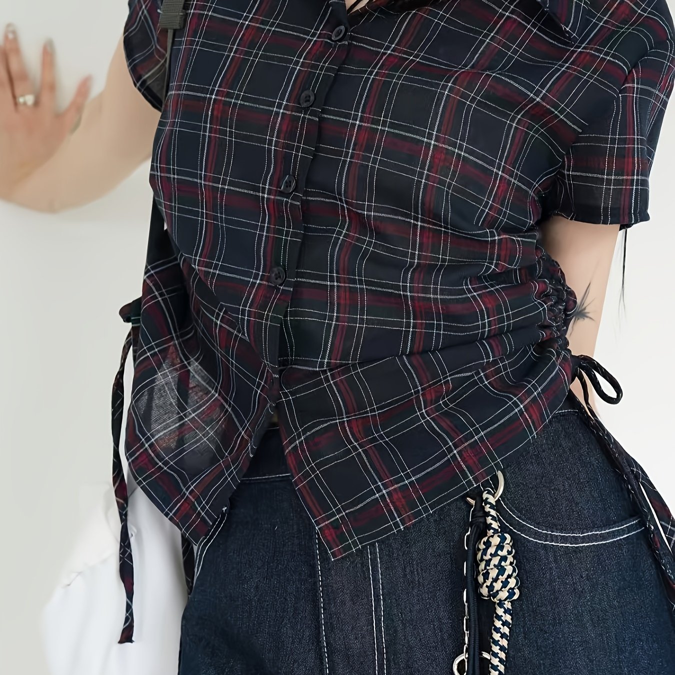 TEMU 【商品名】韓国風、、簡単、カジュアル、万能、半袖、ポロカラー、ショート丈、ドロー、、チェック柄シャツ、トップス、ント
