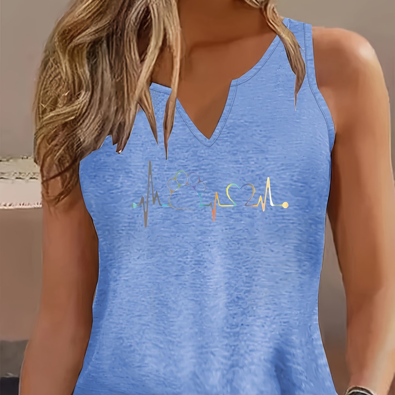 TEMU Women's Casual Sleeveless V-neck Tank Top With Letter Print - , Medium Stretch, Machine Washable, Fit