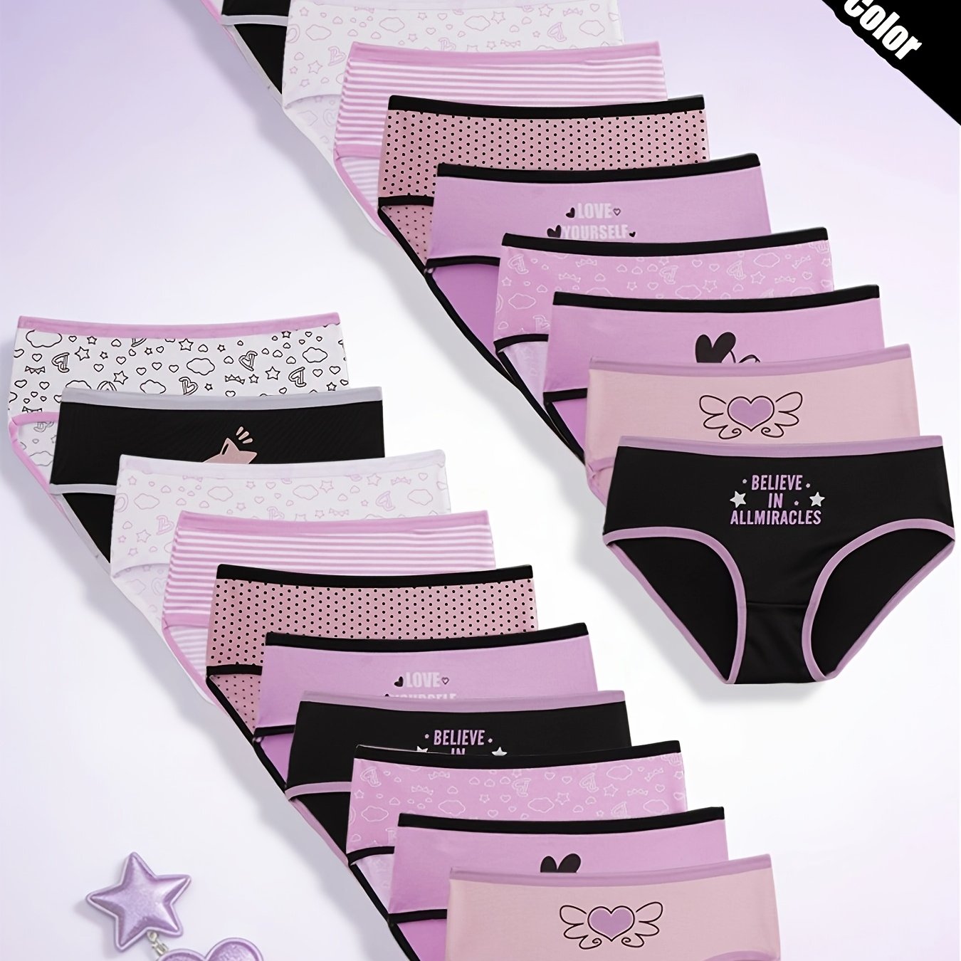 Image of 20pcs Girls' Underwear, Cartoon Heart And , Sweet Purple Style, Comfortable Panties Suitable For