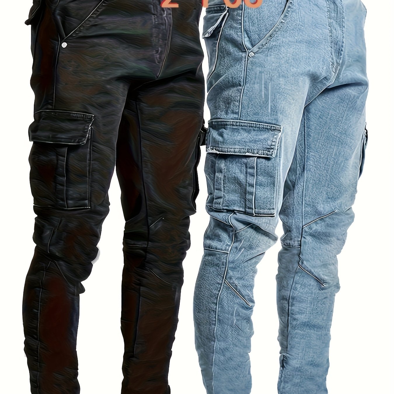 2pcs Men's Skinny Jeans Multi-pocket Mid-waist Stretch Denim Overalls