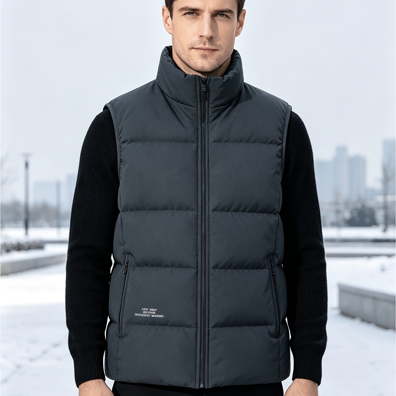 TEMU Men's Collar Duck Vest, Zippered Horizontal Seam Lightweight Warm Sleeveless Vest, Side Zippered Pockets Windproof Layering Vest, , Suitable For