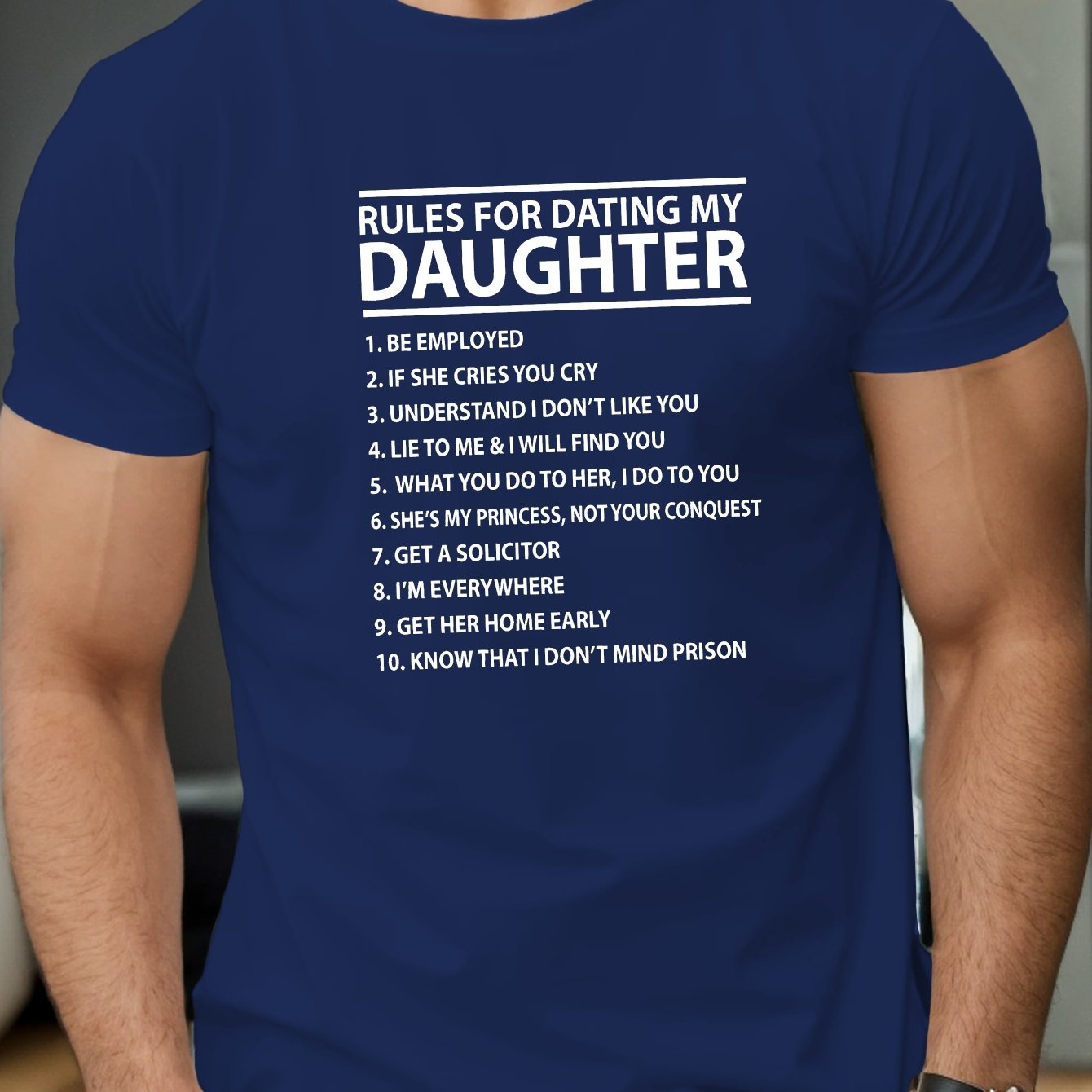 TEMU Rules For Dating My Daughter Print, Men's Crew Neck Short Sleeve Summer T-shirt, Casual Comfy Top For Daily Wear