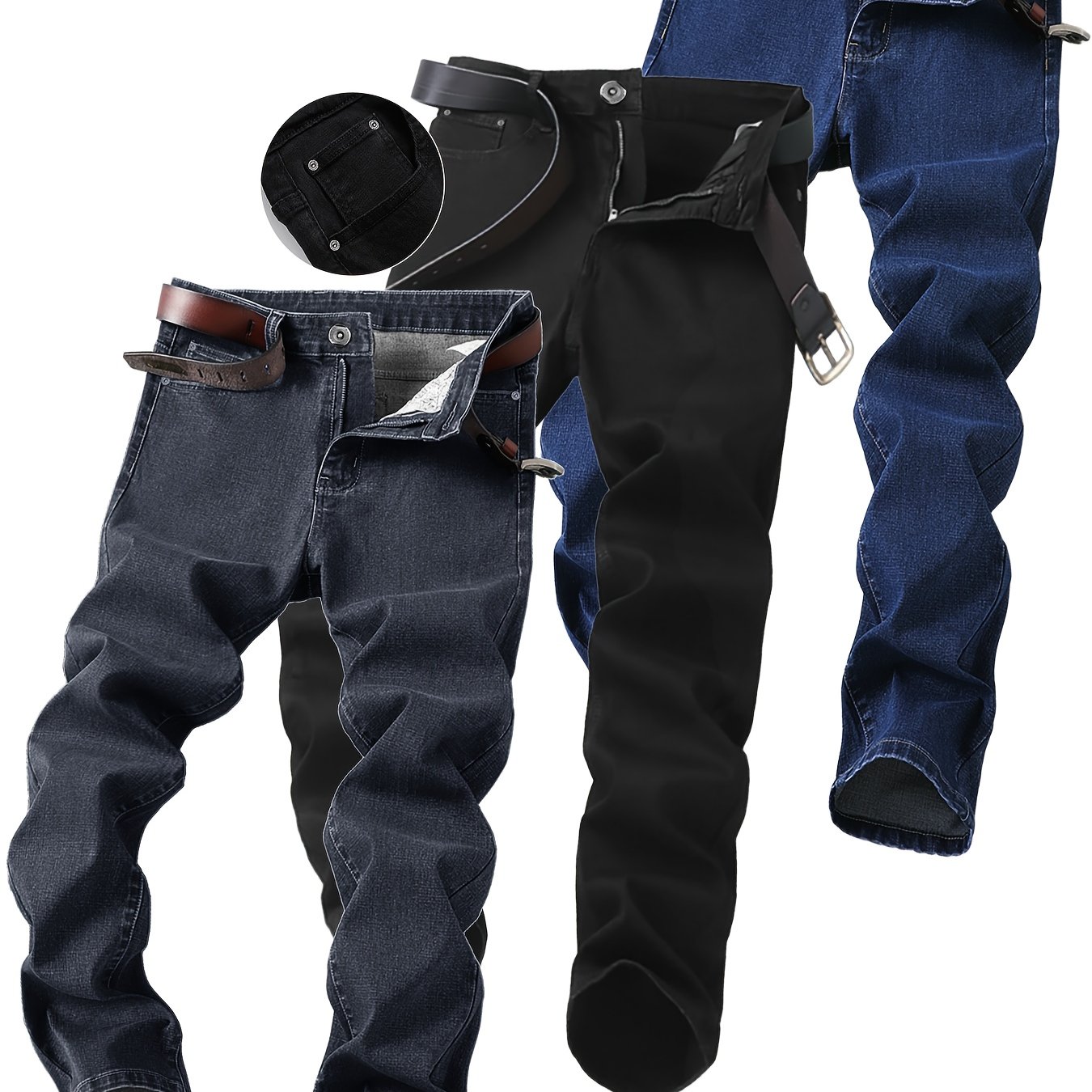 TEMU 3-pack Trendy Men's Retro Solid , Slim Fit Stretch Jeans, , Suitable For