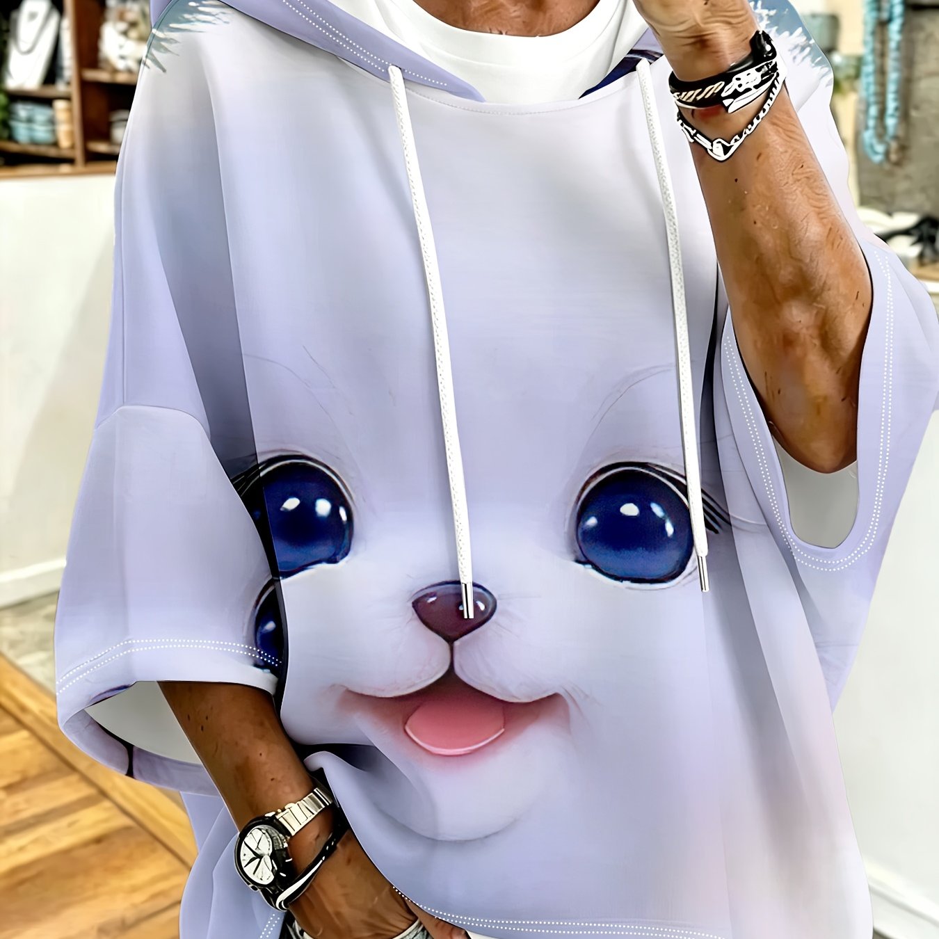 TEMU Plus Size, Plus-size Sweatshirt Featuring Print Of An Adorable White Pet With Big, Eyes. The Soft, Complemented By A Gentle, Light Purple