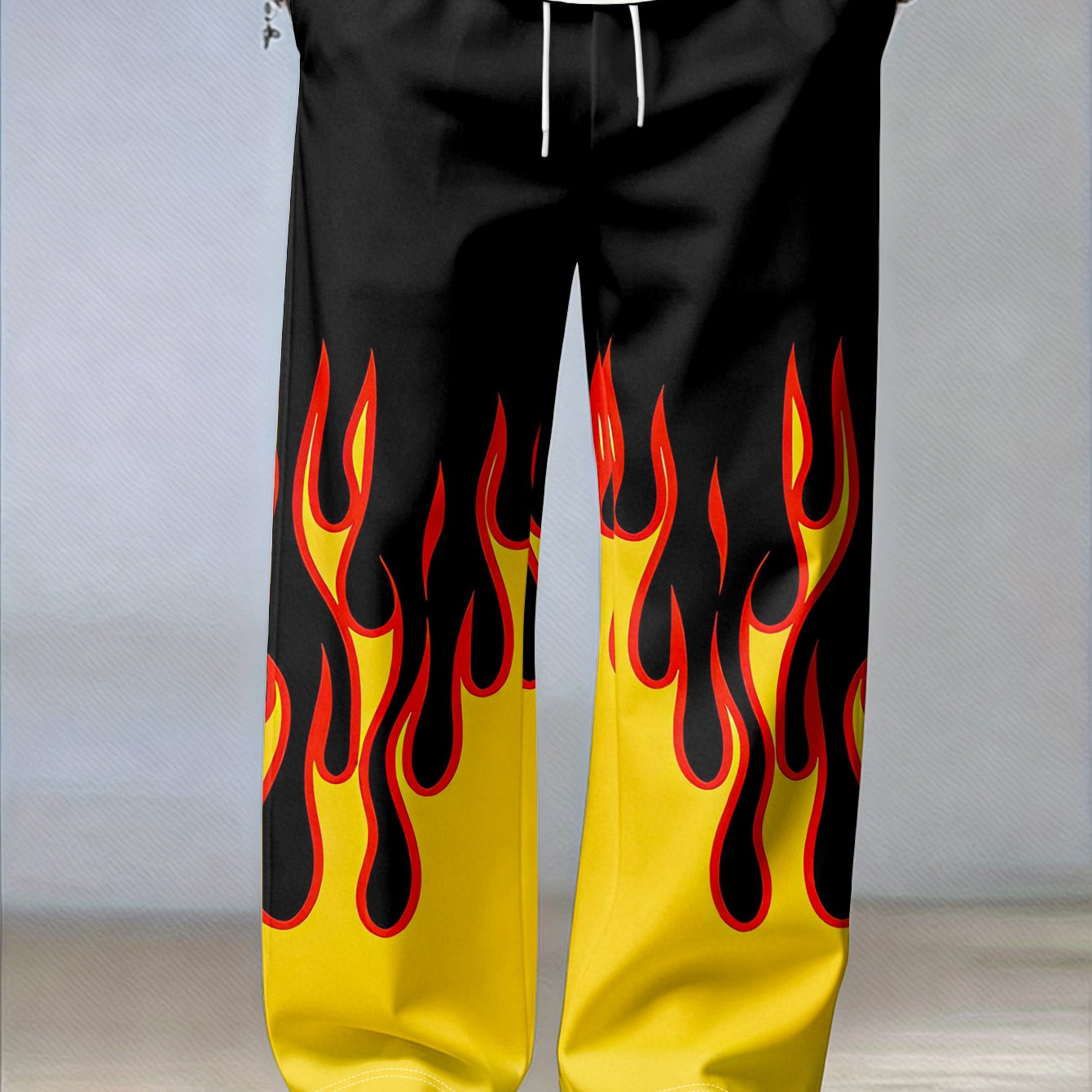 TEMU Fashion Print Men's Long Pants Background, Orange--like Dancing Ribbon, And Dynamic Pattern, With Pockets, Drawstring Straight Leg Trousers,