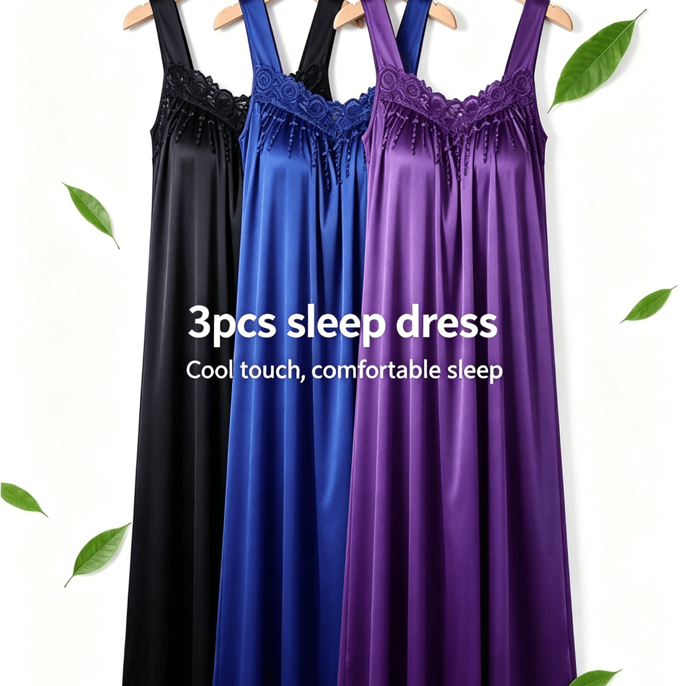 TEMU 3 Elegant V-neck Short-sleeved Pajamas, Unisex, Lace Trim, Translucent, Lotus Leaf Hem, Machine Washable, Spring/summer