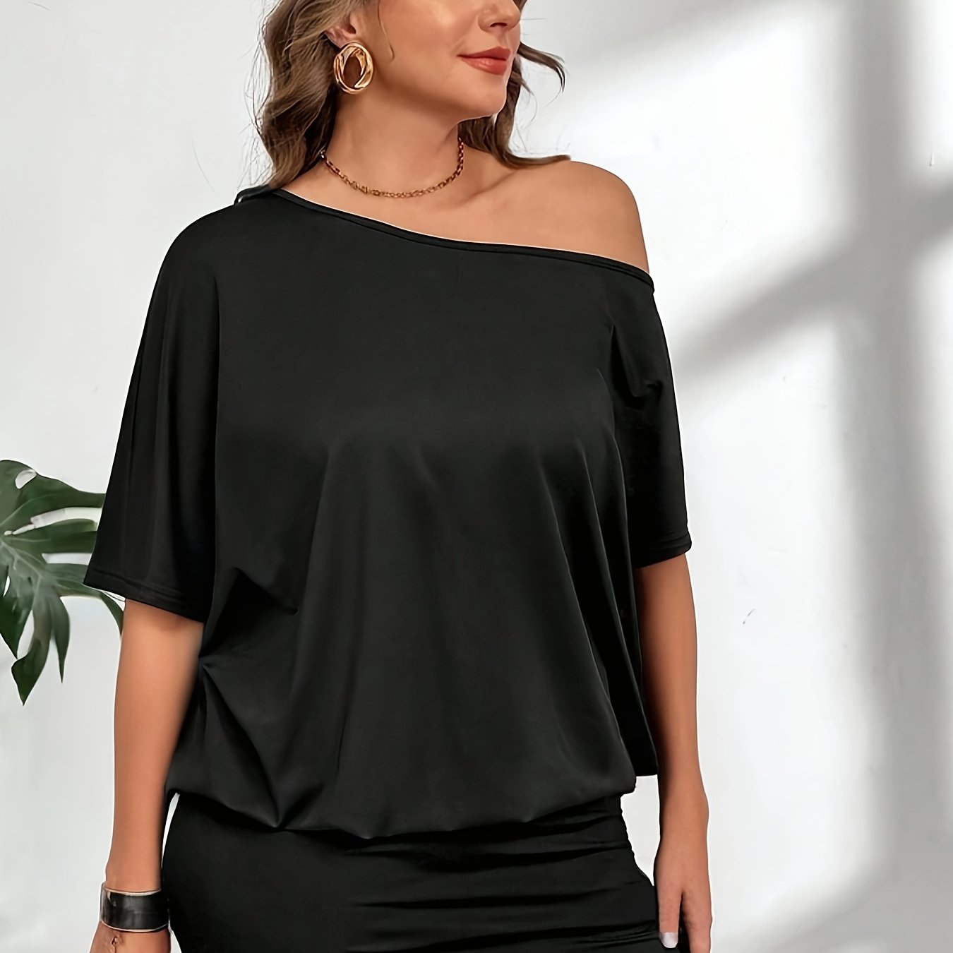 TEMU Plus Size, New Women's Plus Size Elegant Off-shoulder Short Sleeve Dress, Cross-shoulder Dress