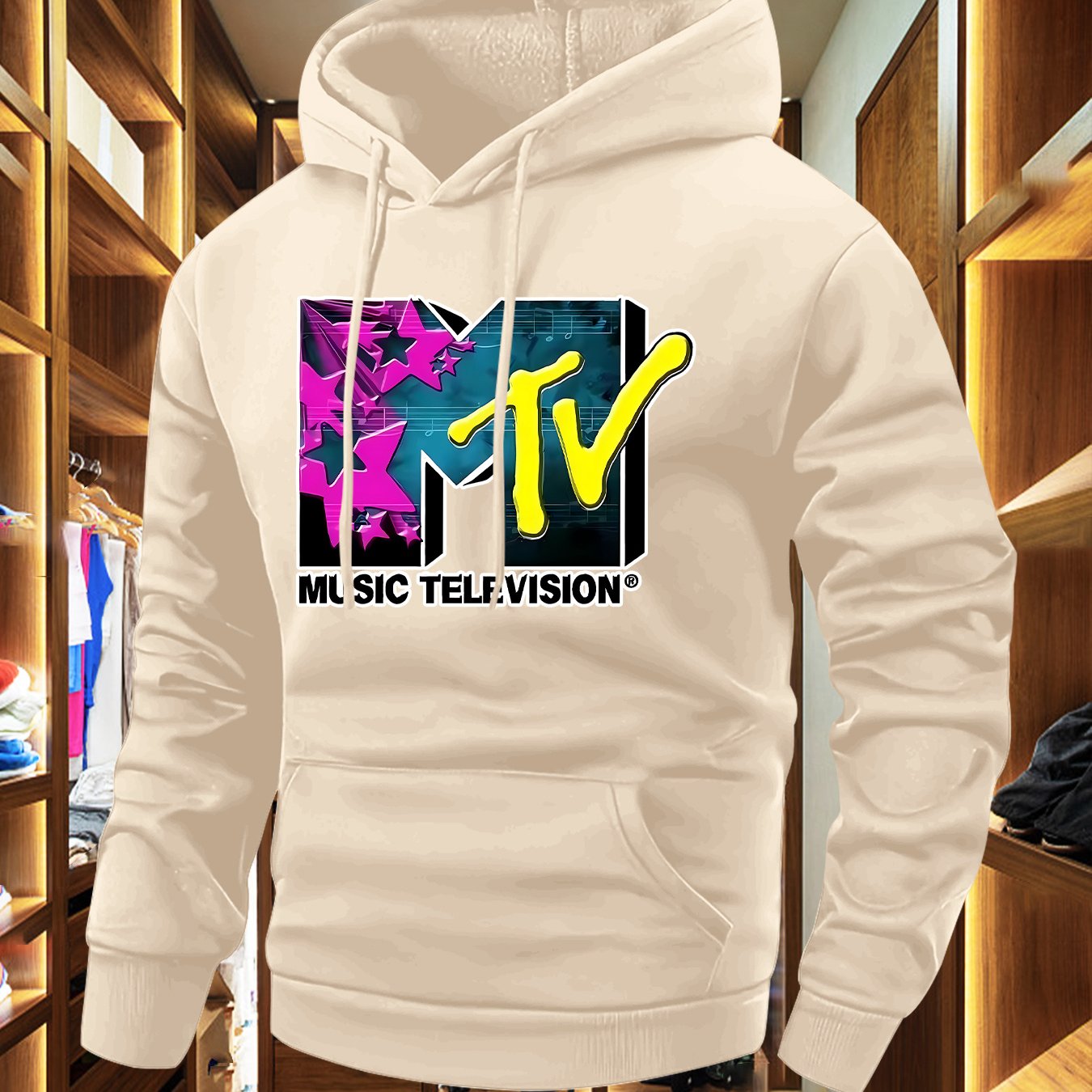 TEMU Men's Casual Hoodie With Mtv Graphic Print - "music Television" Design, Long Sleeve, Pockets, Fall/winter Style, Casual Wear Hoodie|television
