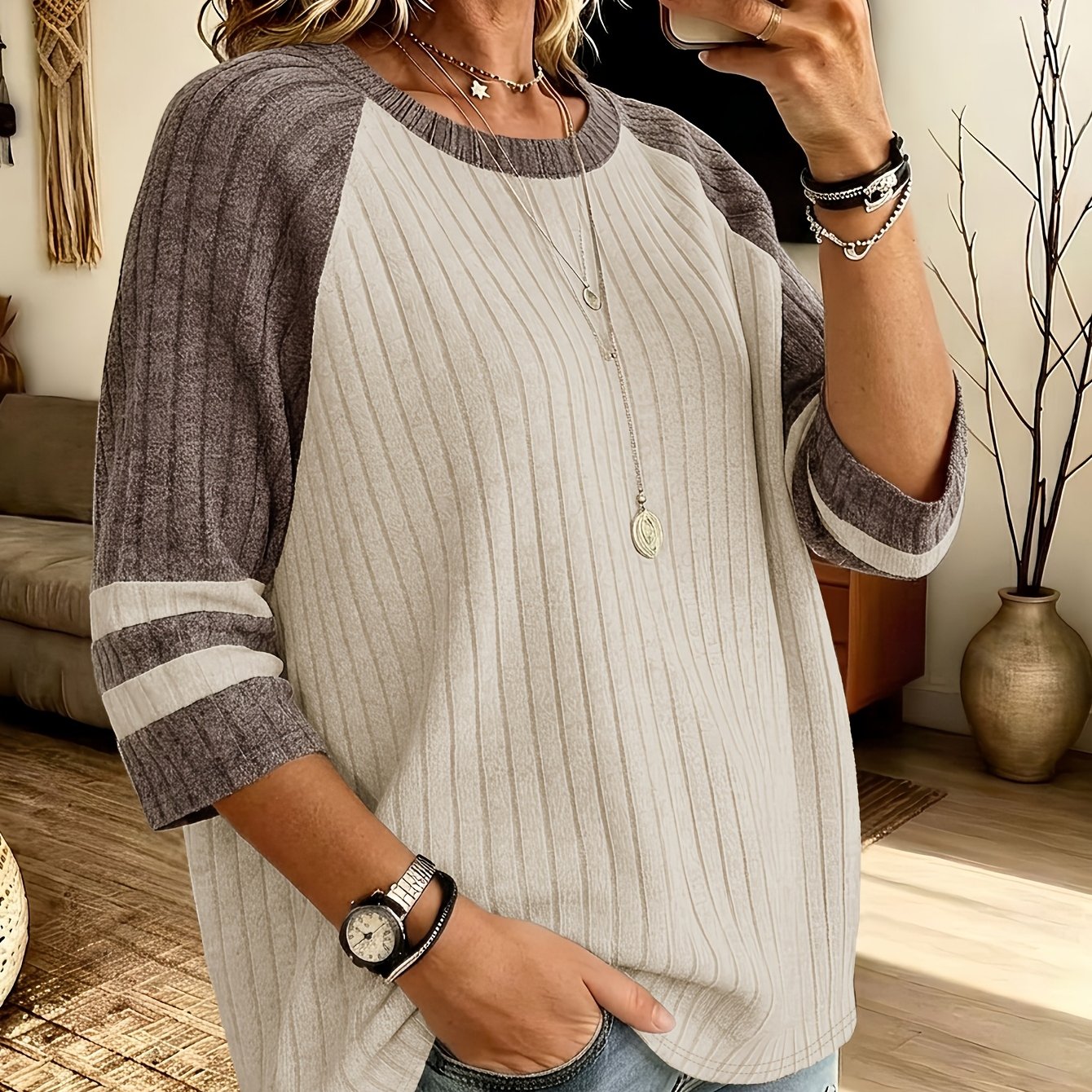 TEMU Women's Elegant Loose--block -compatible -shirt | Round Neck 3/4 Sleeve Top | Machine Washable Suitable For Blouses, Layering & Casual Attire, -