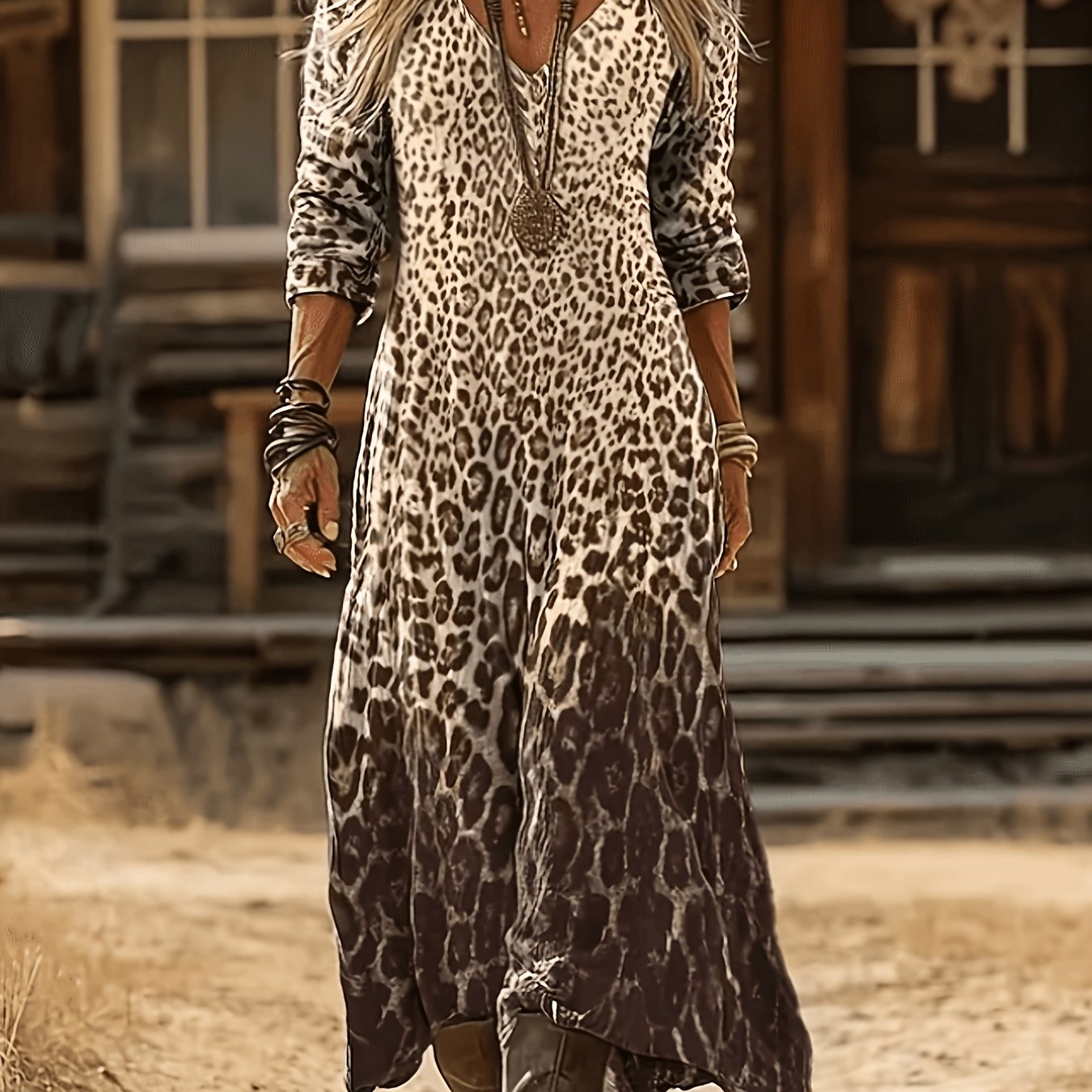 TEMU Vestido de diseñador de otoño/invierno de larga con cuello en V y estampado de leopardo degradado