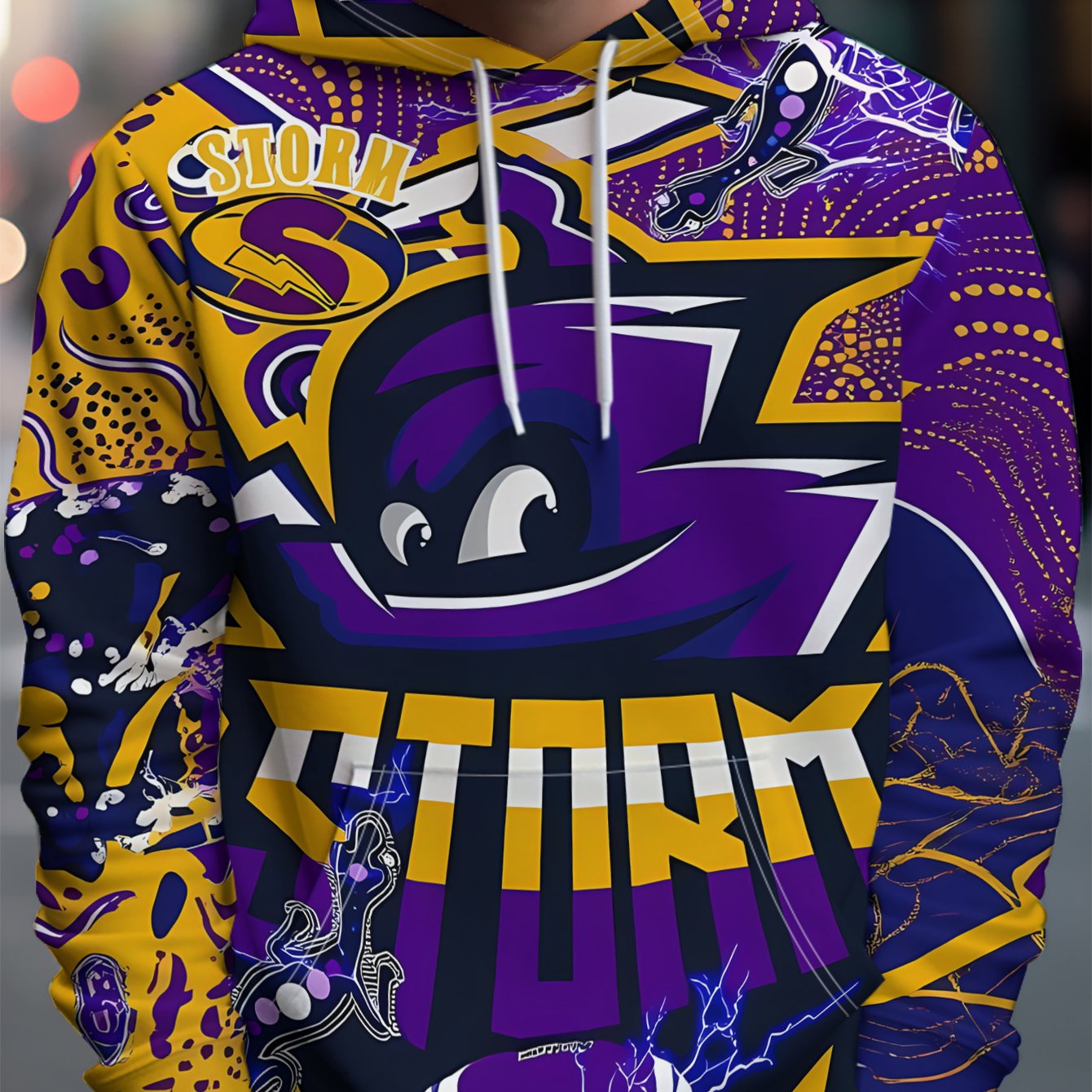 TEMU Men's Individual Style Hooded Sweatshirt, Purple Background With Yellow, Center "storm" Storm-themed - Full Streetwear Style, Rich And Artistic